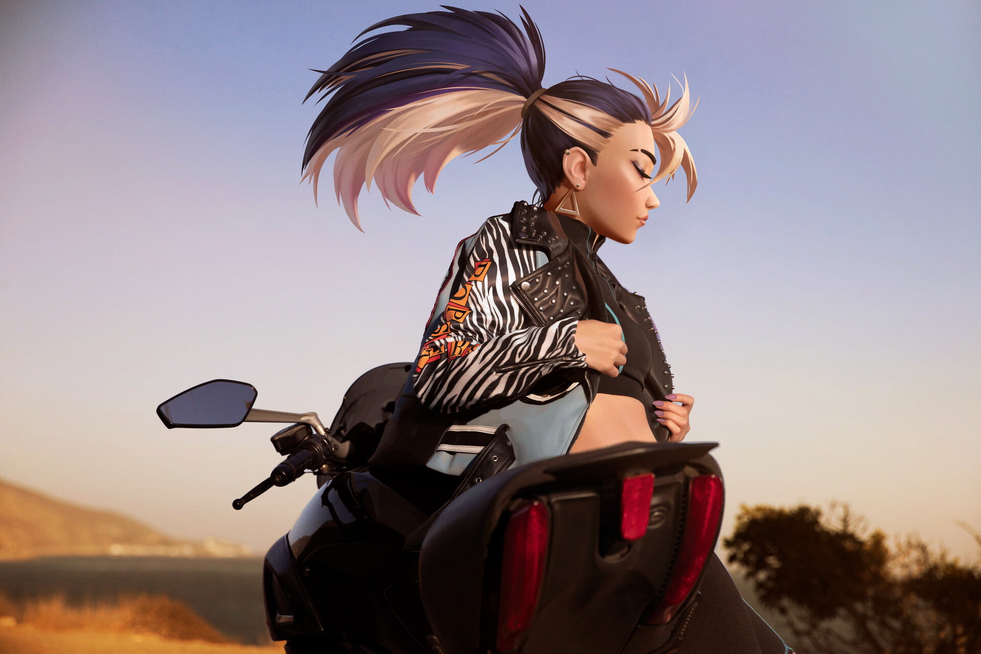ArtStation, fan art, open jacket, motorcycle, long hair, side view, closed eyes, bare midriff, women with motorcycles, digital painting, bikes, 1080P, HD Wallpaper