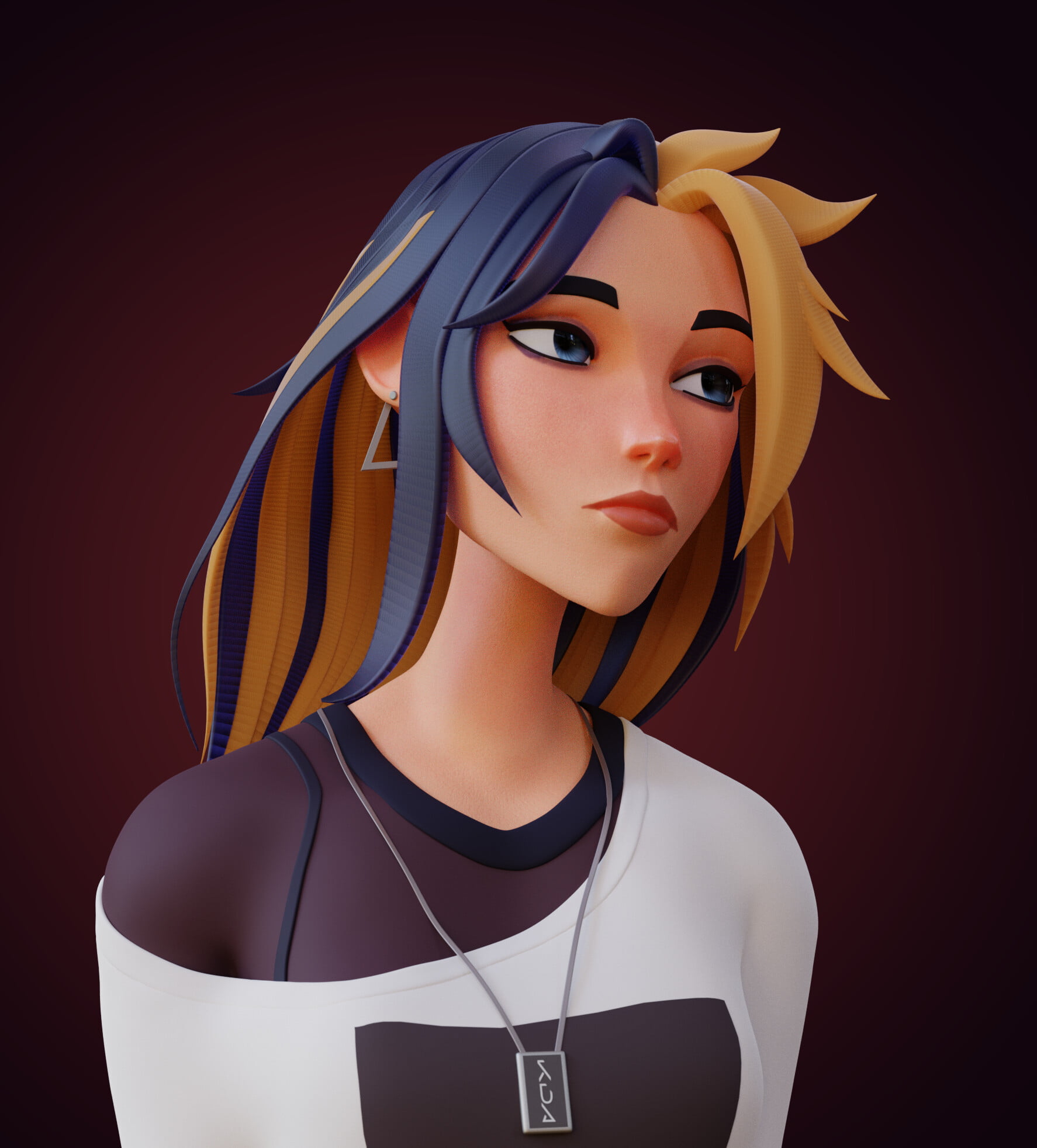 Long Neck, digital art, blue eyes, portrait display, Bagus Mars, CGI, 3D, ArtStation, 1080P, simple background, KDA Akali, looking away, Dog Tags, face, Phone HD Wallpaper