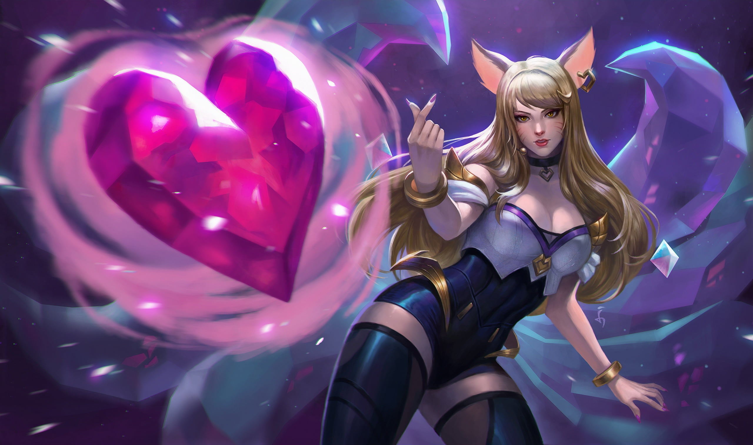 KDA, Fox, the game, Shine, flight, League Of Legends, LOL, beautiful girl, 2K, game, Akali, КДА, gesture, heart, fan art, HD Wallpaper