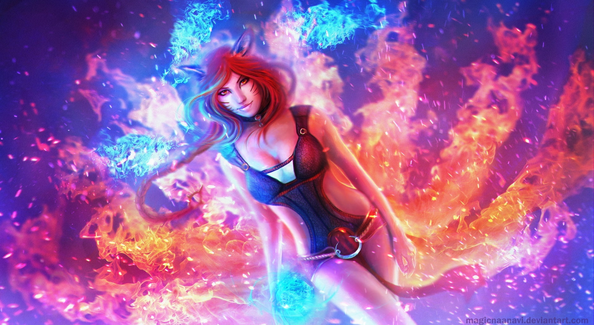 Painting, hairstyle, fox, underwater, arena, lifestyles, wearing, sea, video game, female, character, nine, Fantasy, league, beautiful woman, three quarter length, HD Wallpaper
