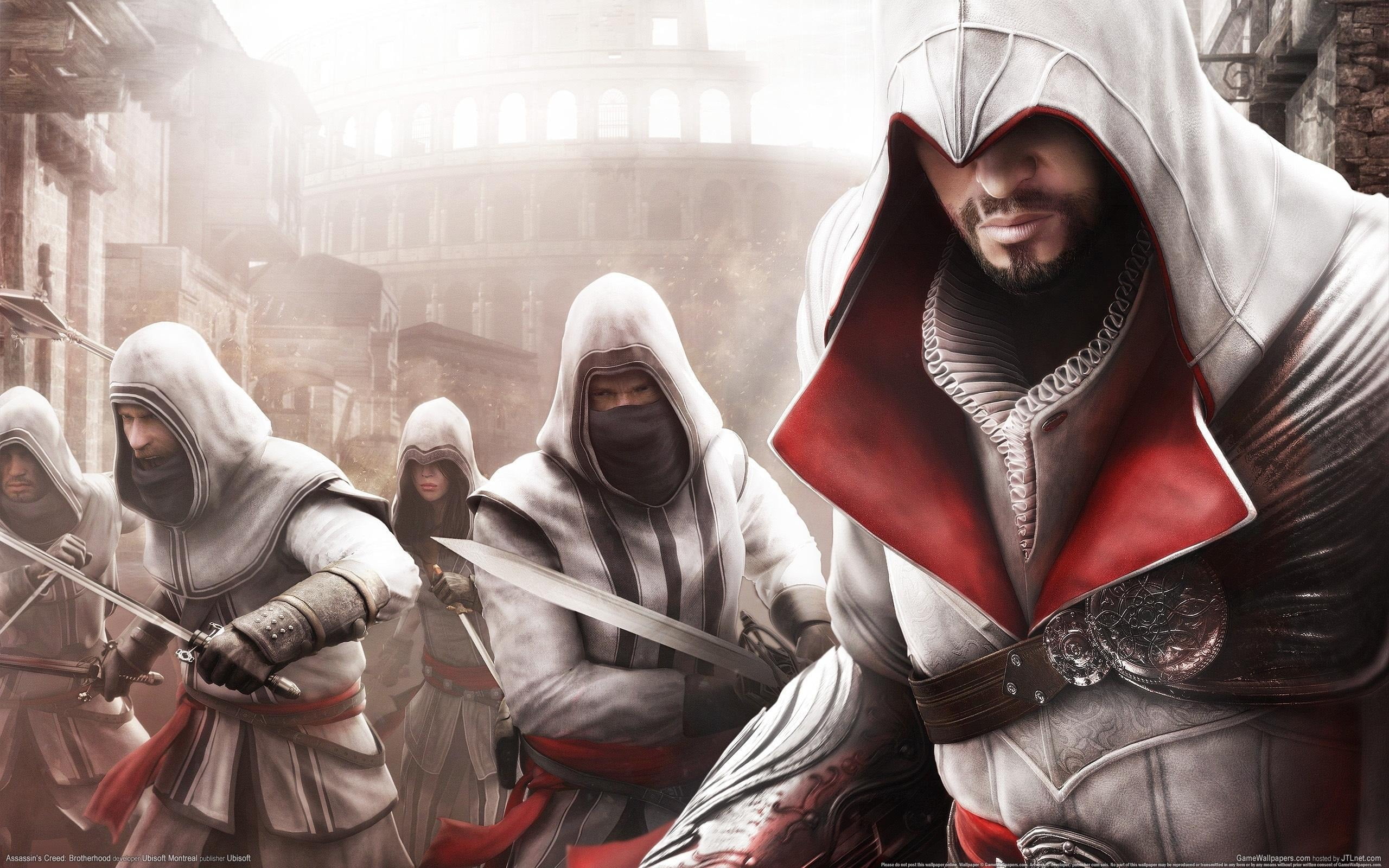 Killer, standing, hood - clothing, outdoors, looking at camera, lifestyles, traditional clothing, several, Assassins Creed Brotherhood, aggression, hood, HD Wallpaper