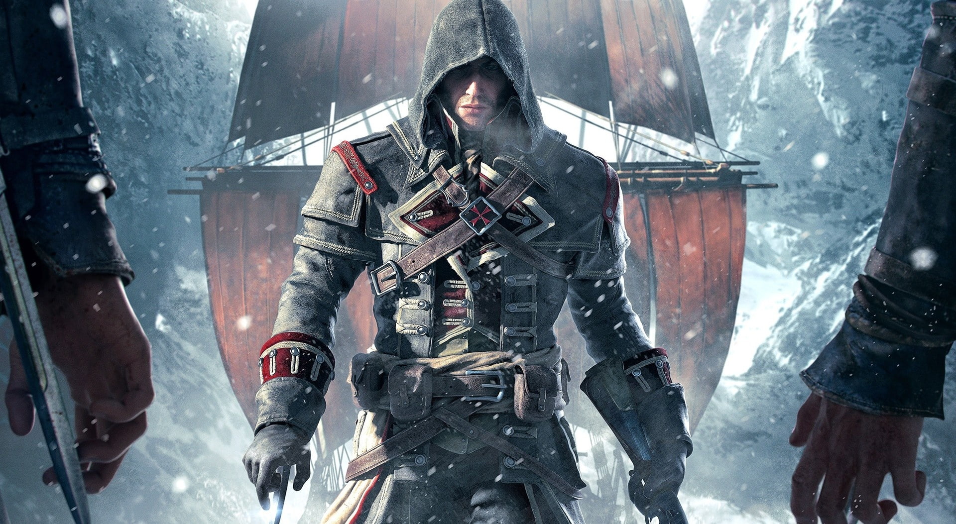 1080P, assassins creed, poster, Rogue, front view, machine gun, three quarter length, gun, snowing, young adult, rifle, uniform, 2014, Assassins Creed, HD Wallpaper