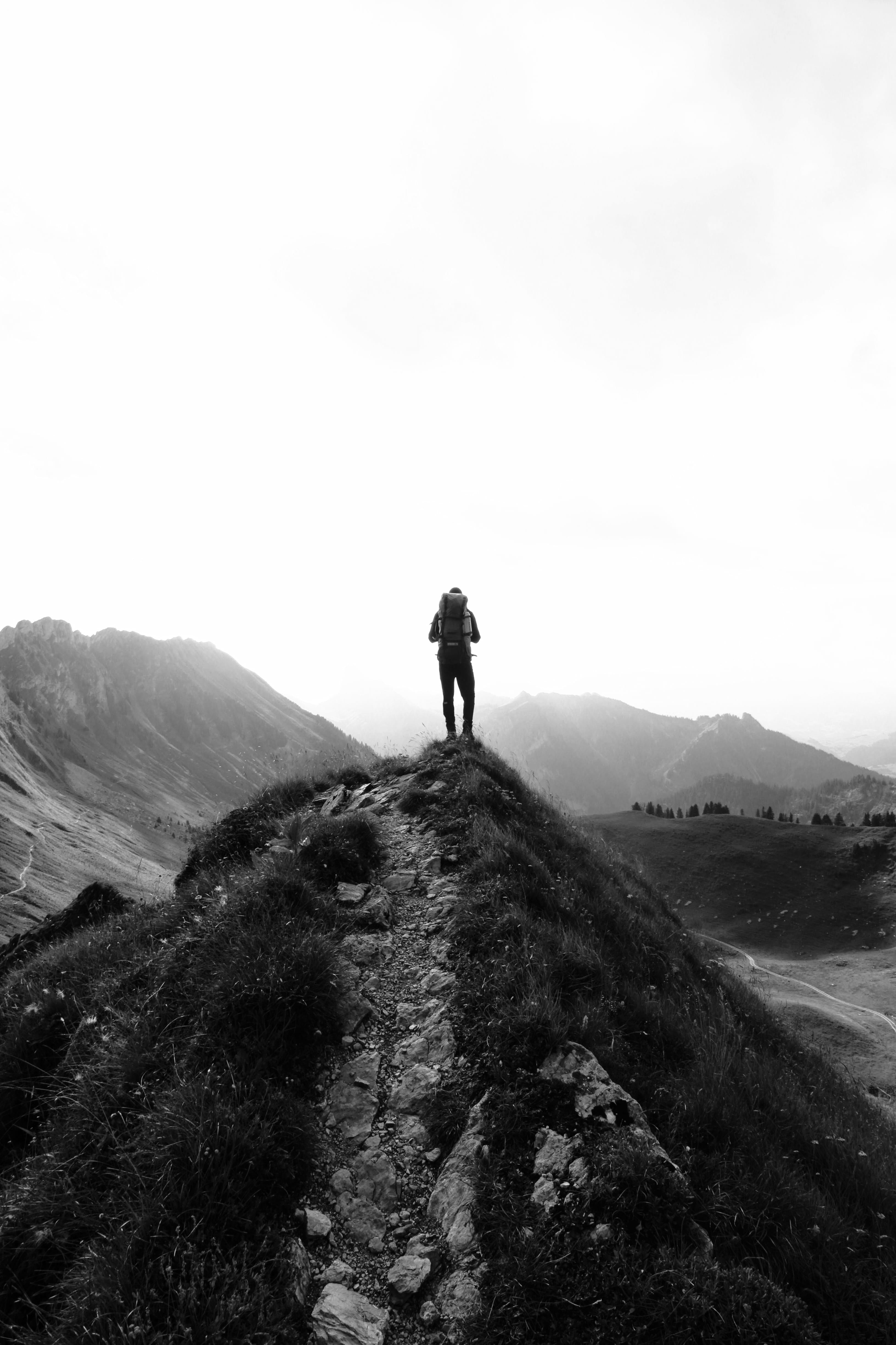 wanderlust, explore, mountain, looking at view, hill, tranquil scene, valley, scenics - nature, lifestyles, man, real people, outdoor, trail, rucksack, Phone HD Wallpaper