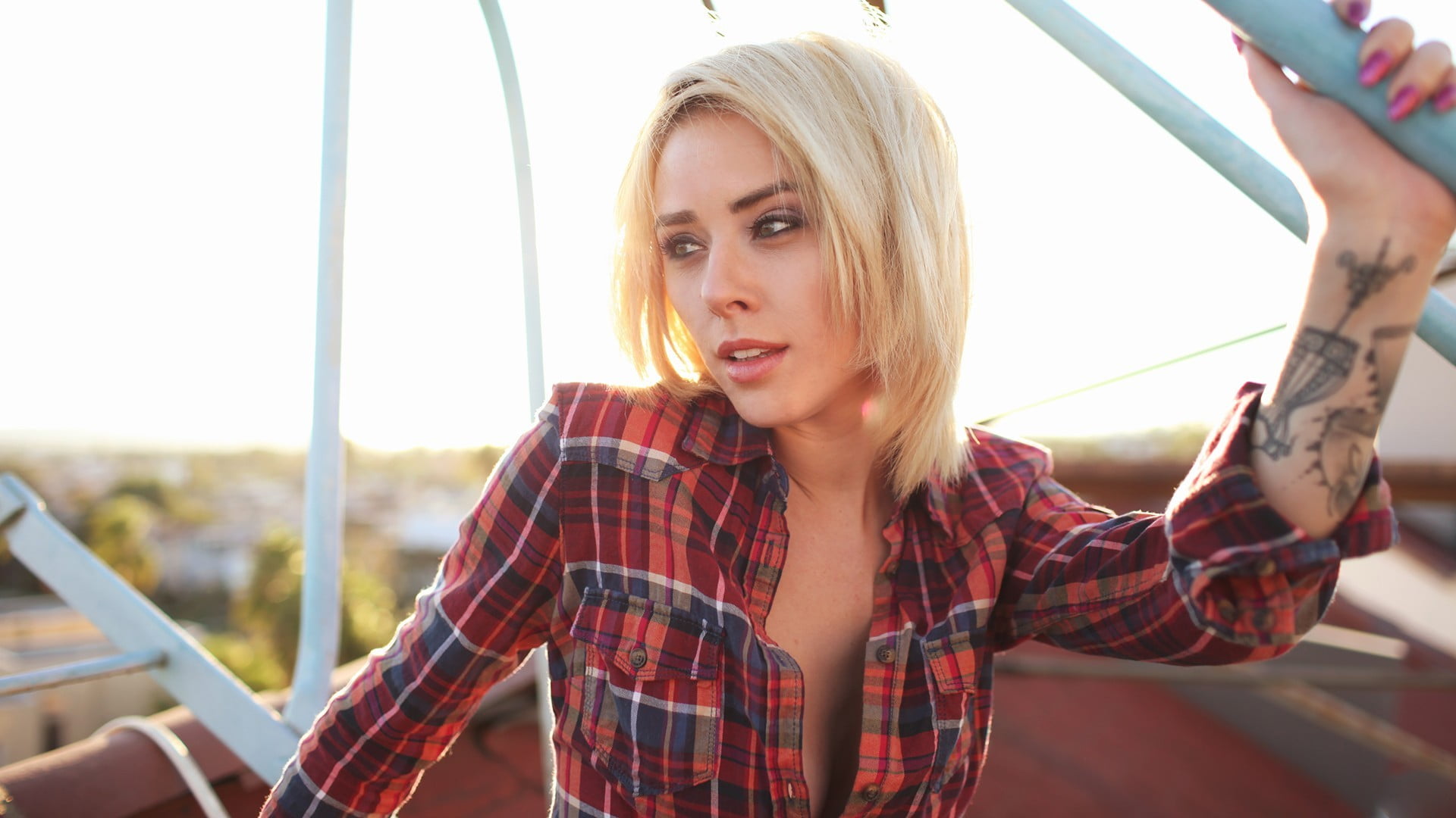 wireless technology, portrait, women, checked pattern, 1080P, communication, tattoo, one person, outdoors, plaid, shirt, technology, young women, hairstyle, HD Wallpaper