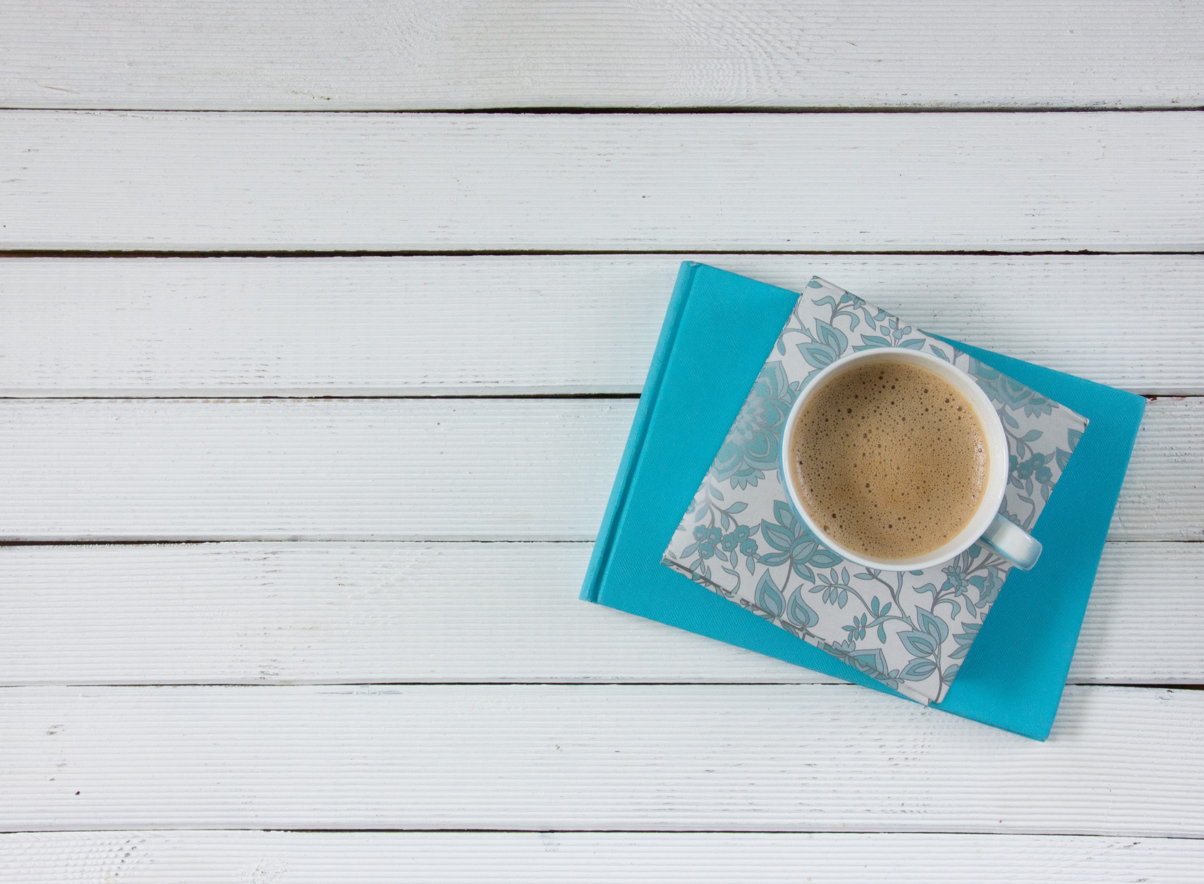 notebook, work, mug, table, refreshment, crockery, freshness, cafe, matt, food, wood - Material, blue, coffee - Drink, to write, still life, food and drink, HD Wallpaper