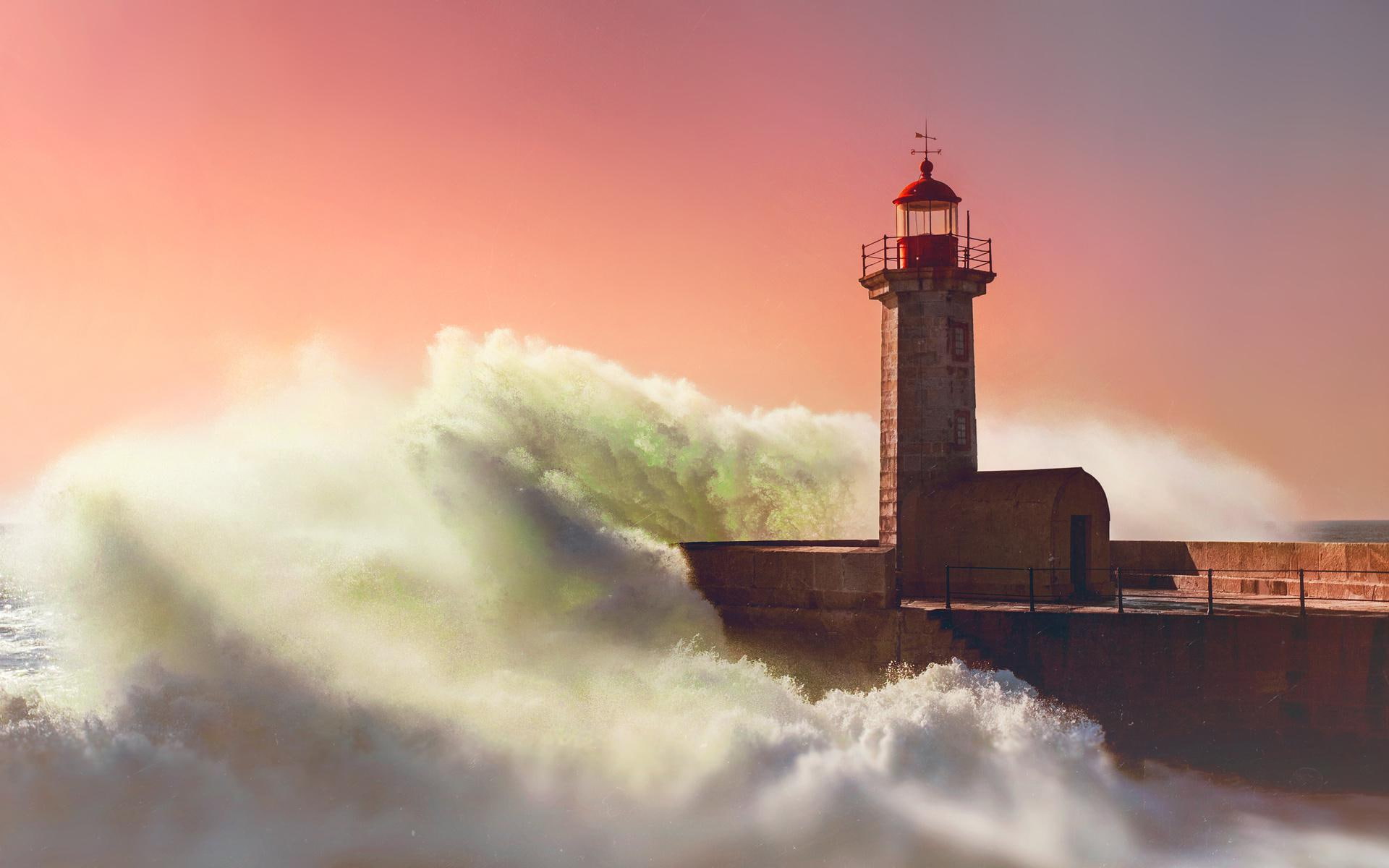 nature, beside, hitting, waves, tower, painting, watch, sea, pier, lighthouse, 1080P, 1920x1200, wave, HD Wallpaper