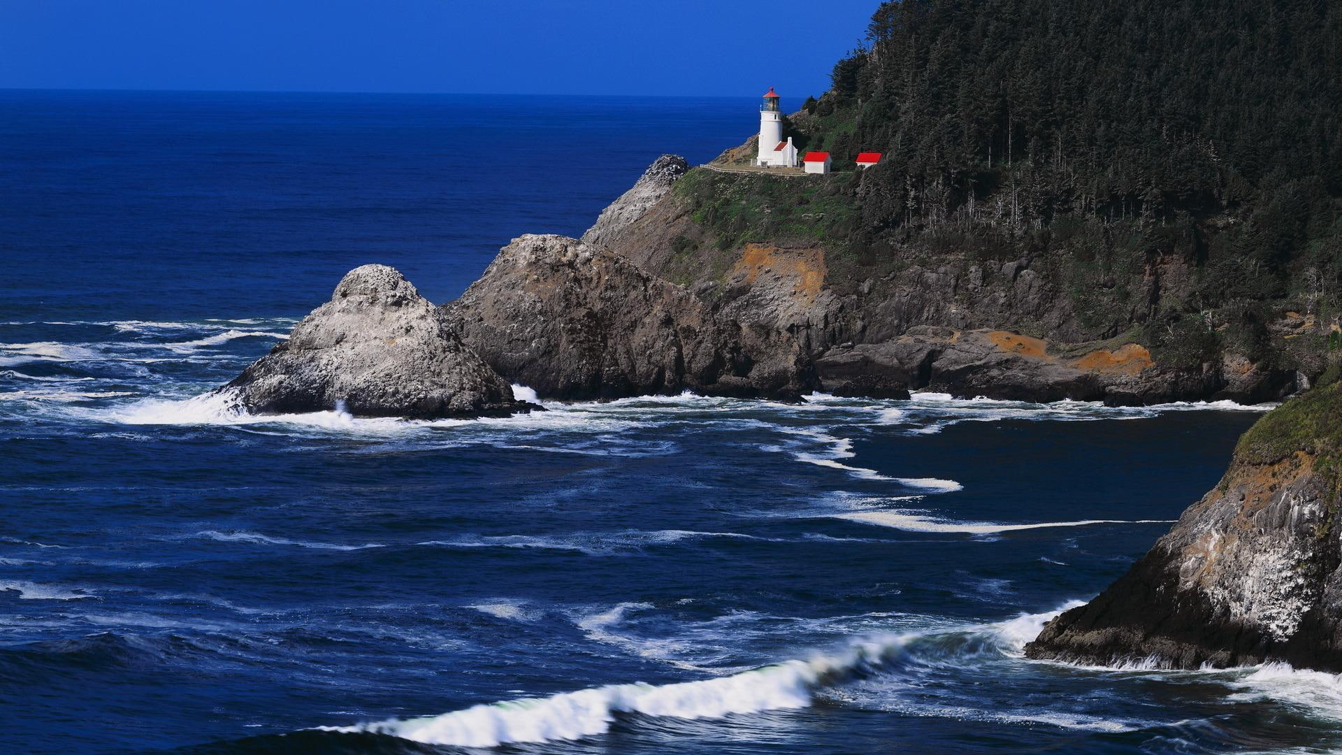 near, gray, lighthouse, coast, nature and landscapes, rocky, 1080P, sea, fantastic, cliff, HD Wallpaper