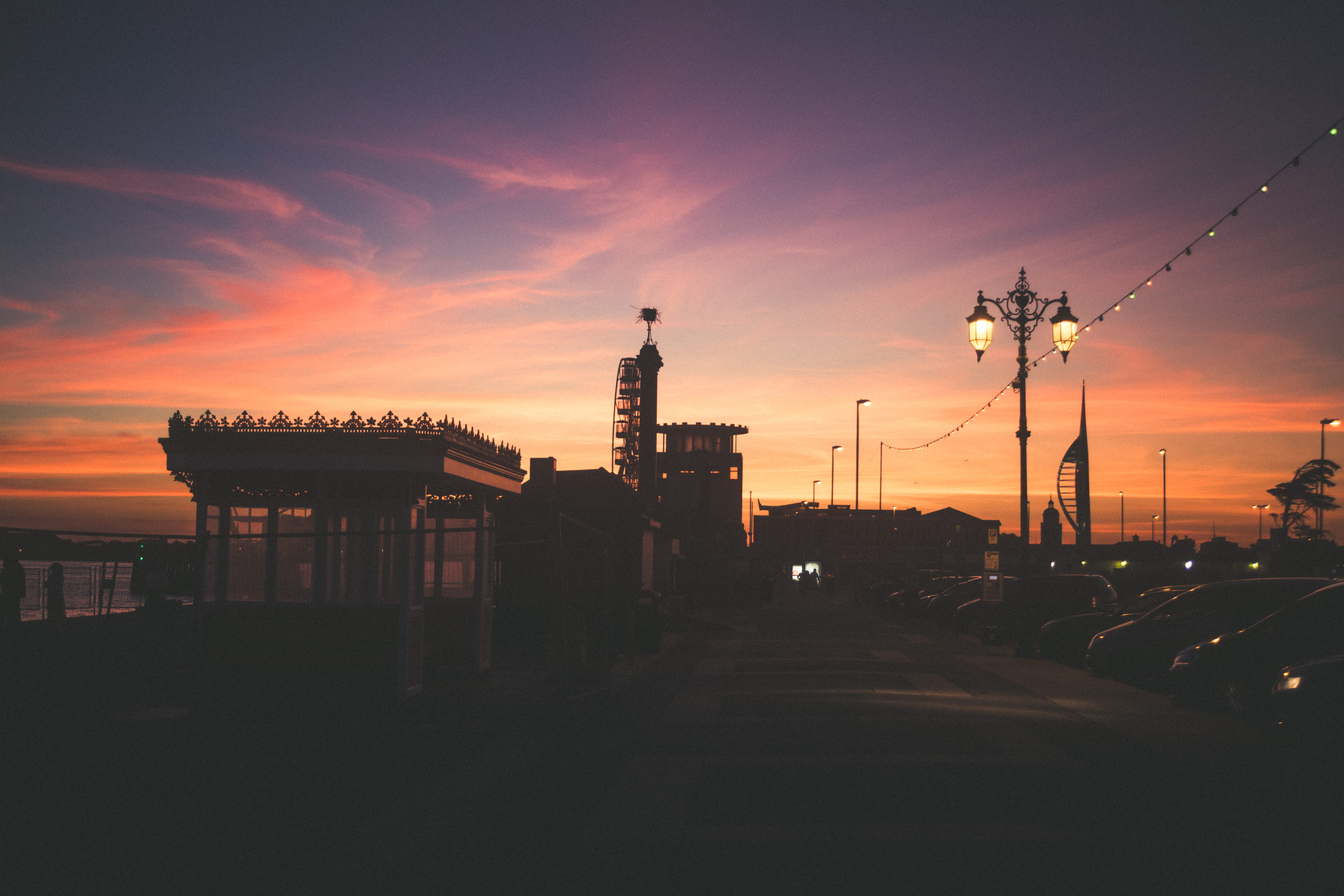 funfair, sky, technology, dusk, lamp, dawn, portsmouth, spire, built structure, orange color, industry, city, landscape, 5K, outdoors, travel destinations, HD Wallpaper