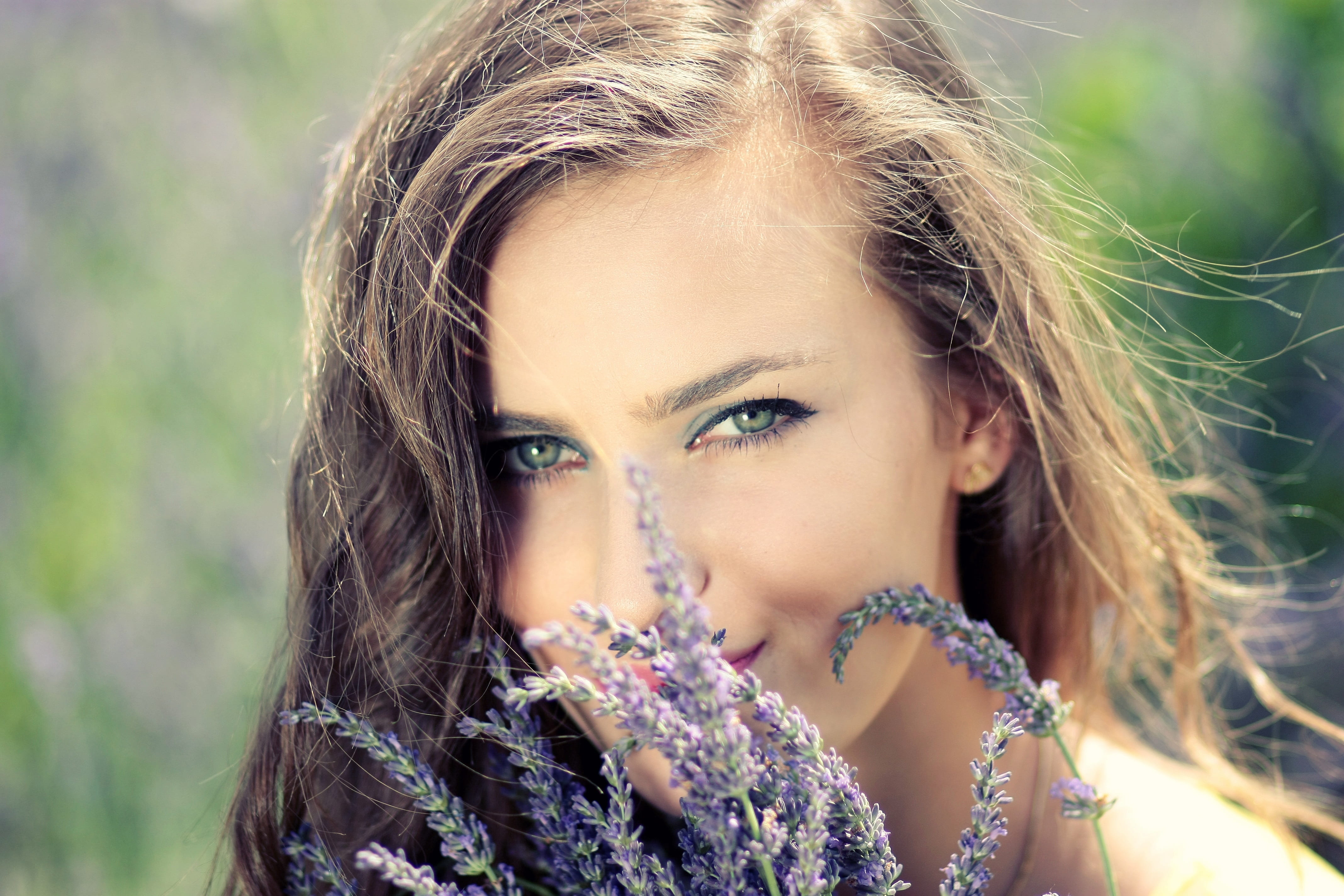 beauty, hairstyle, lavender, headshot, face, woman, women, child, teenager, hair, outdoors, purple, infront, flowering plant, girl, flower, smiling, one person, HD Wallpaper