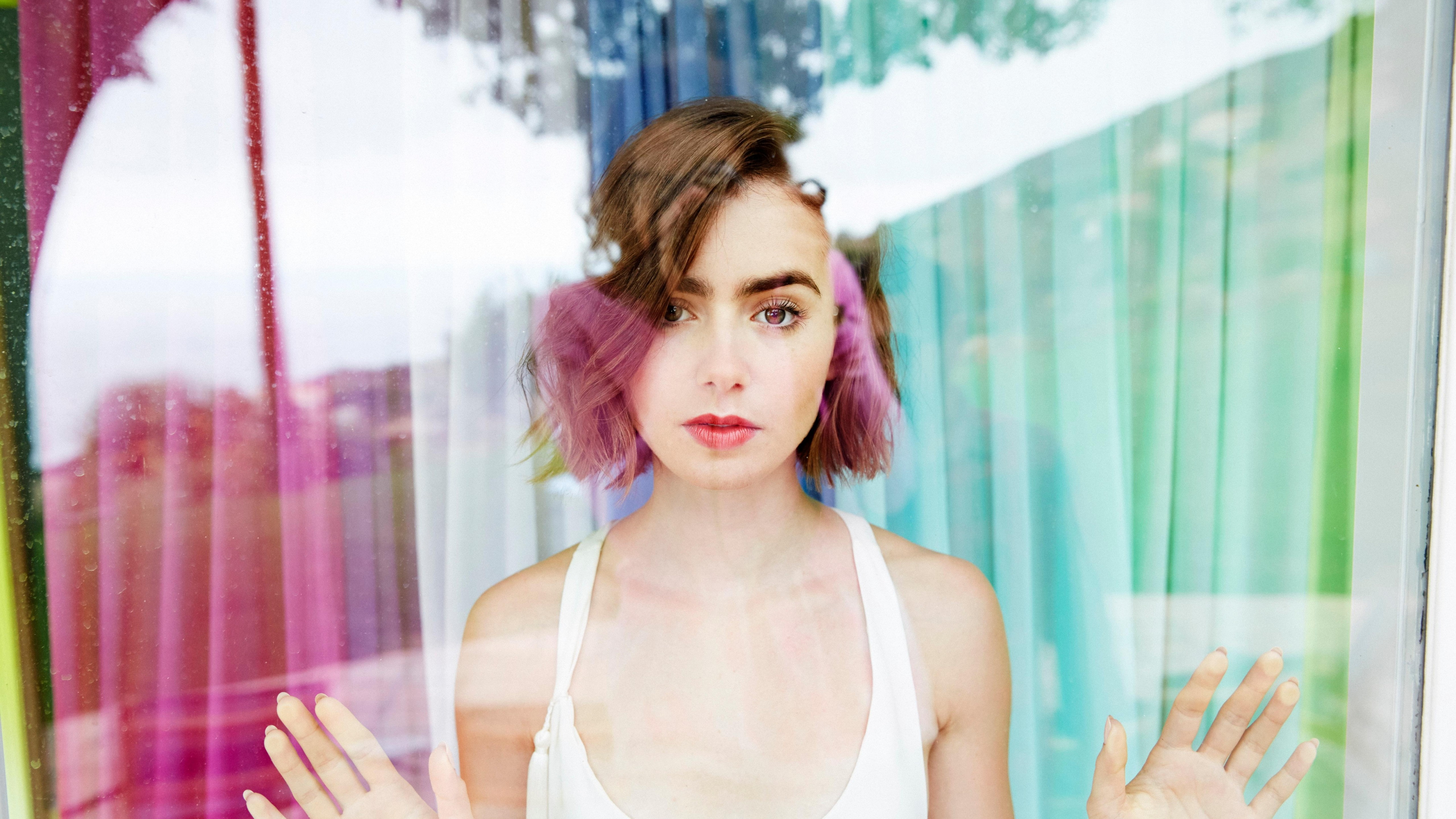 The Mortal Instruments: City of Bones, actress, daytime, Lily Collins, 5K, top, Love, woman, sleeveless, infront, model, Rosie, standing, window, white, HD Wallpaper