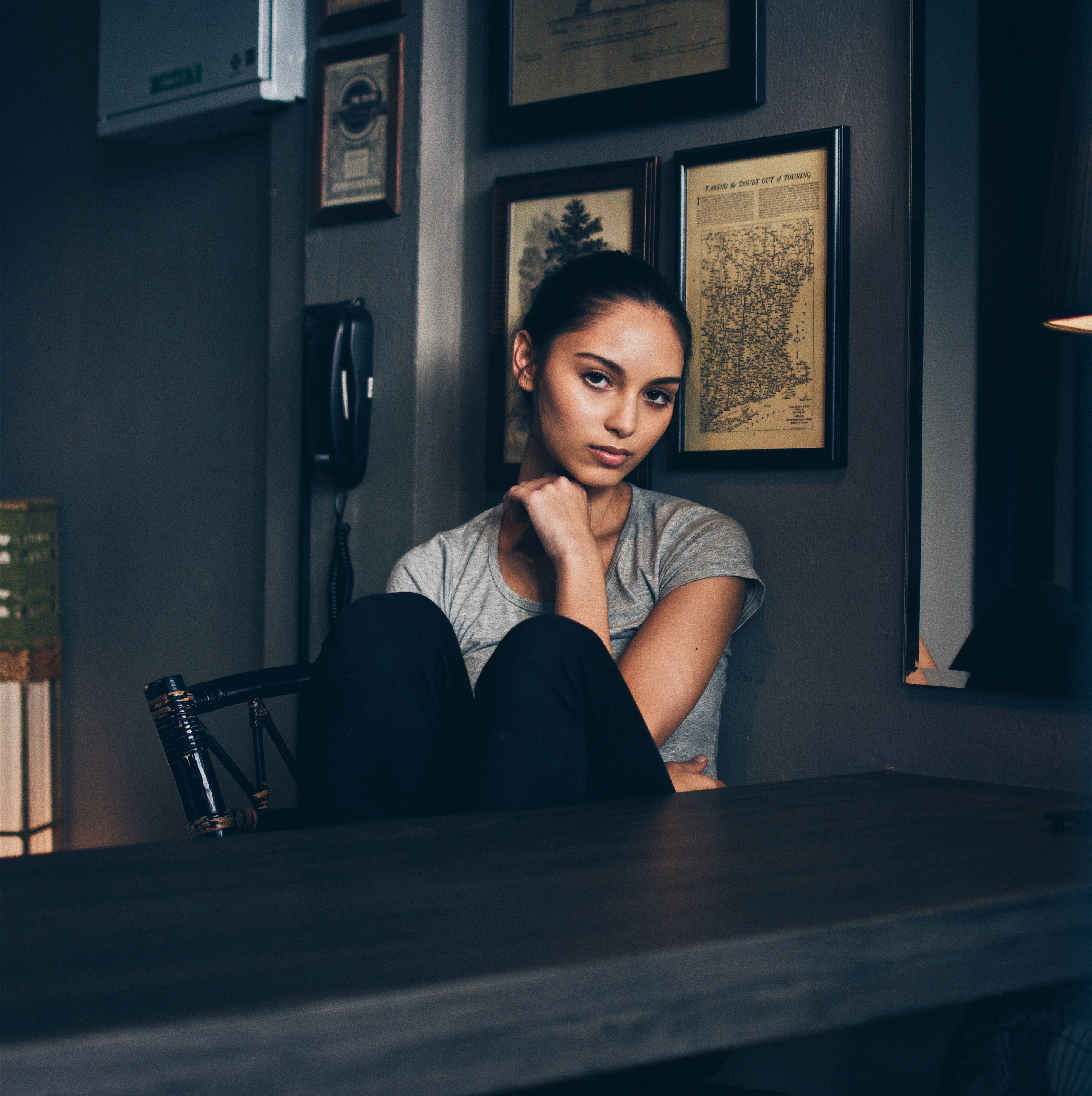 4K, empty, young adult, woman, chair, lifestyles, phone, three quarter length, portrait, casual clothing, relaxation, young women, looking at camera, home interior, Phone HD Wallpaper
