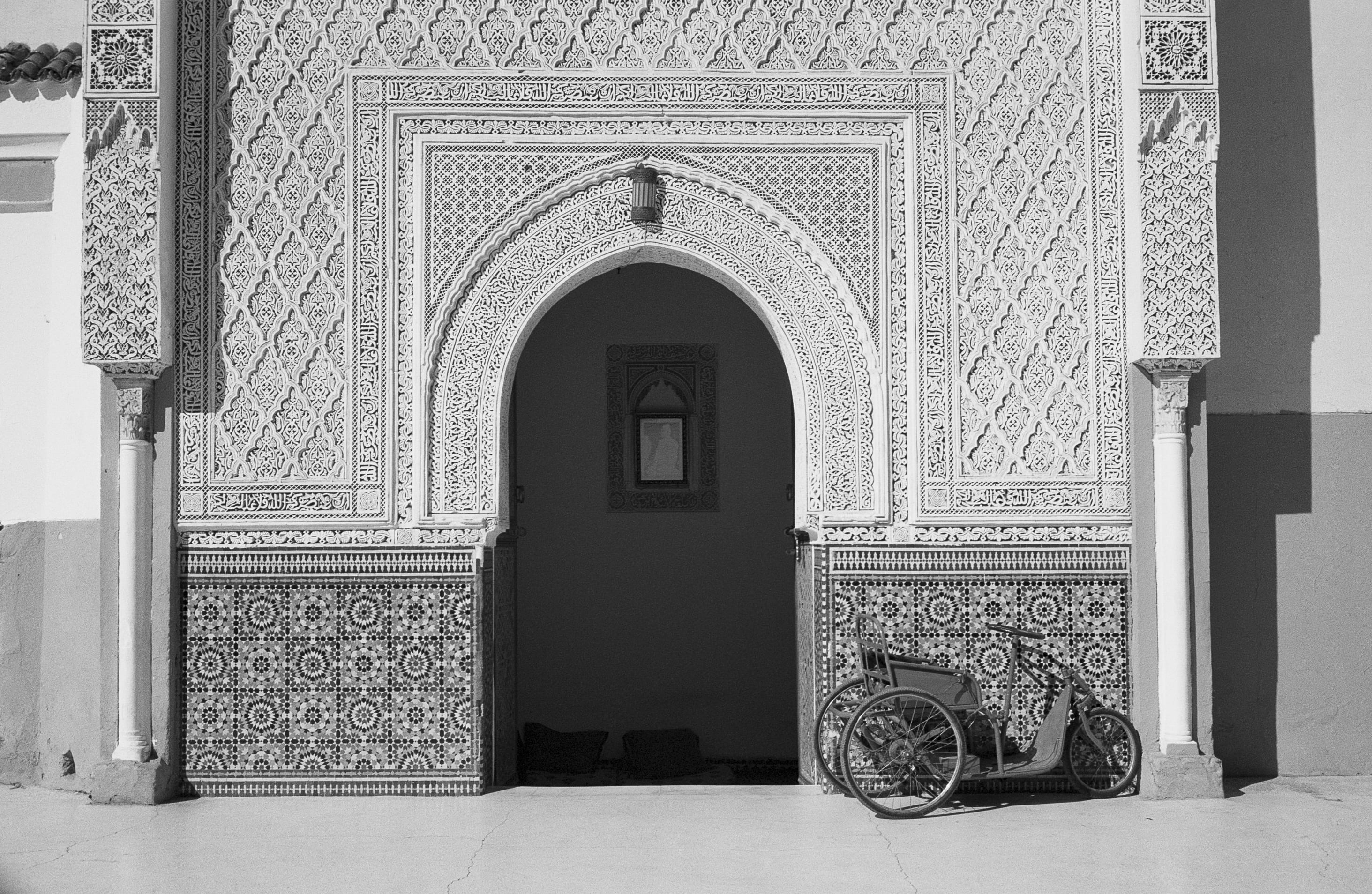 doorway, security, front, building exterior, trike, building, front door, closed, history, infront, mosque, ornate, entrance, architectural column, grayscale, HD Wallpaper