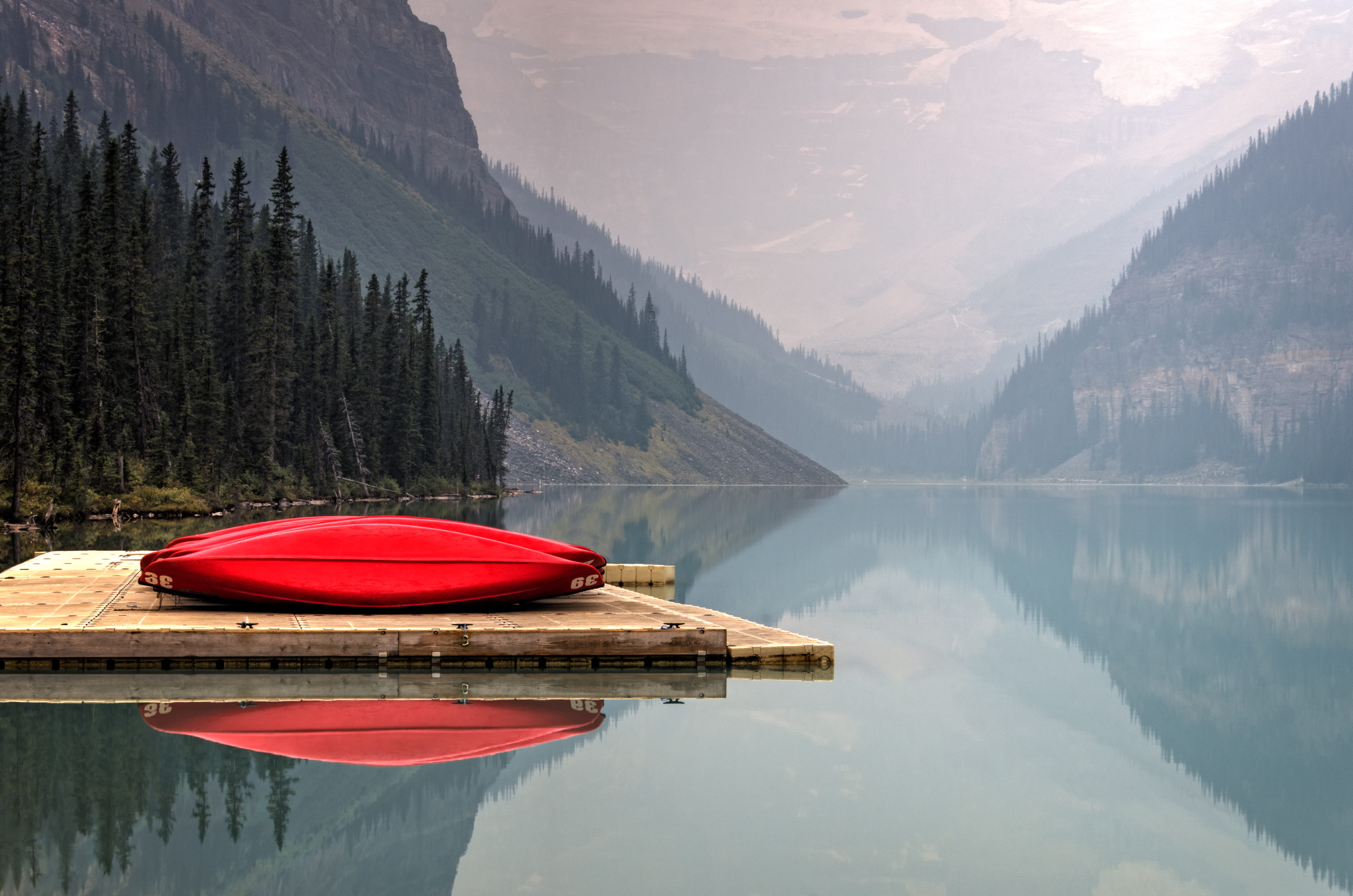 beauty in nature, idyllic, reflection, mountain, 4K, floater, red, day, brown, nautical vessel, transportation, tranquility, body, canoe, non-urban scene, HD Wallpaper