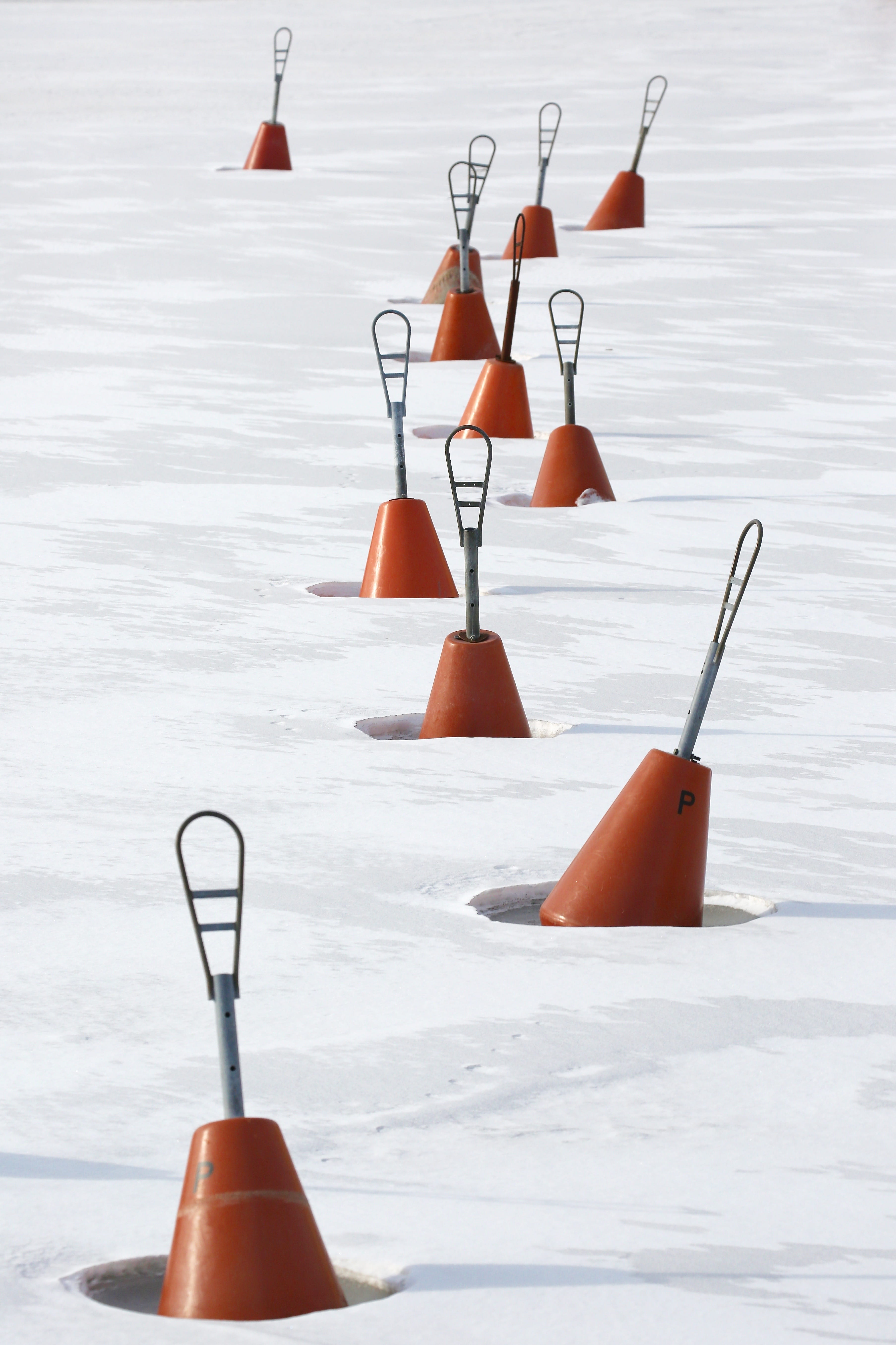 white color, cold temperature, nature, hanging, outdoors, ice, 5K, day, buoy, water, sea, no people, land, buoys, frozen, snow, winter, hole, orange color, Phone HD Wallpaper