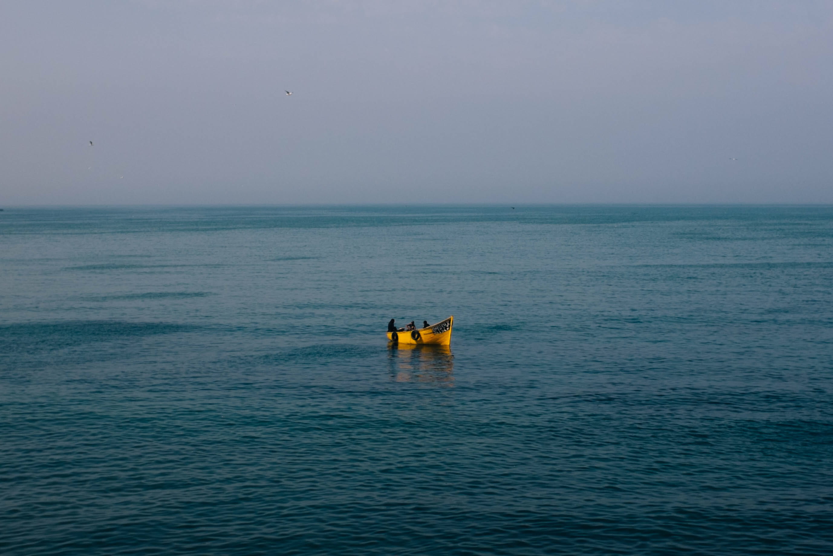 transportation, lake, two people, horizon, inflatable, men, 2K, boat, lifestyles, yellow, people, outdoors, sky, scenics - nature, landscape, sea, water, HD Wallpaper