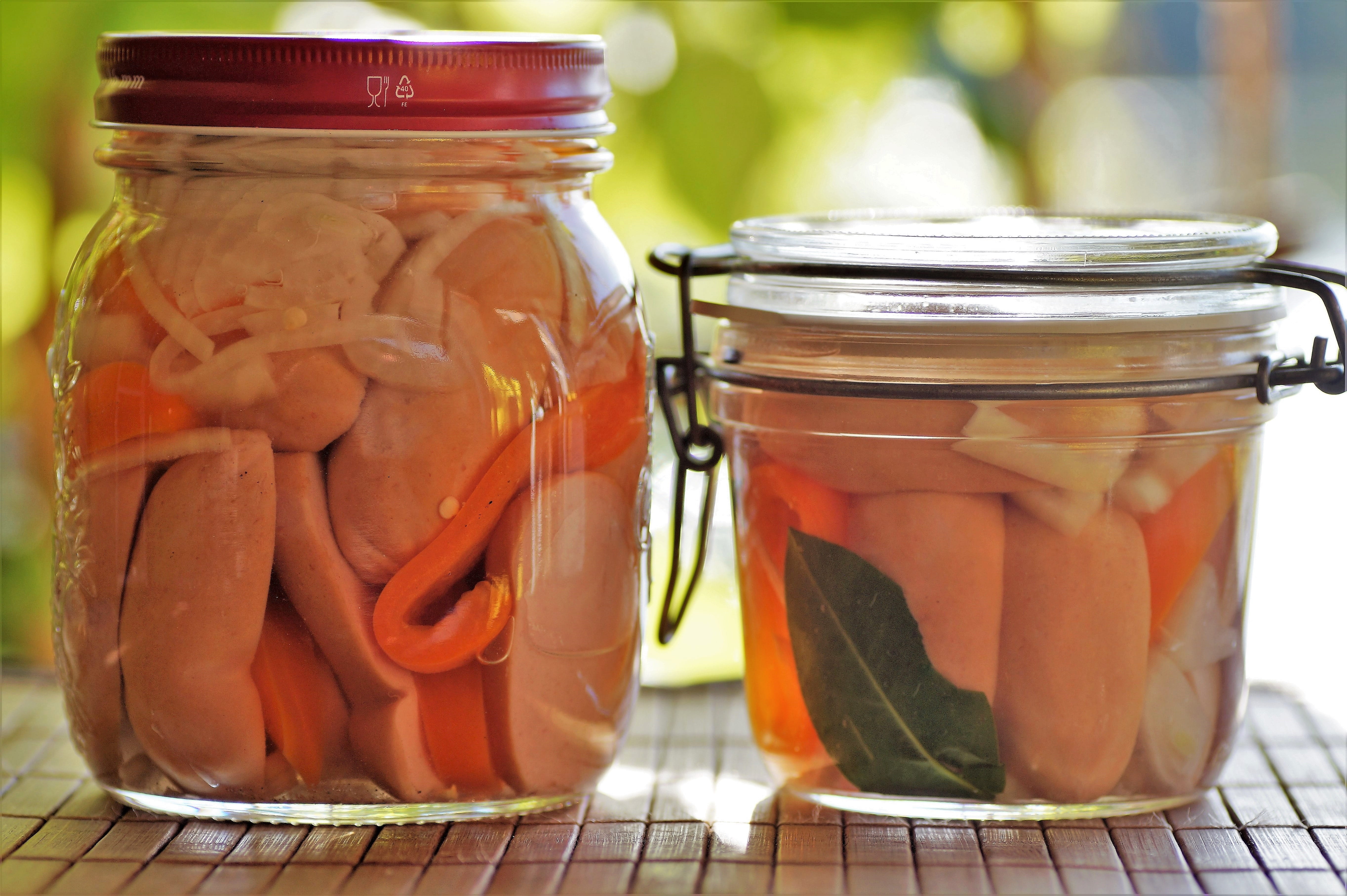 mason jar, food, appetizer, wellbeing, onions, still life, airtight, food and drink, container, loaded, sausage, specialty, delicacy, freshness, table, HD Wallpaper