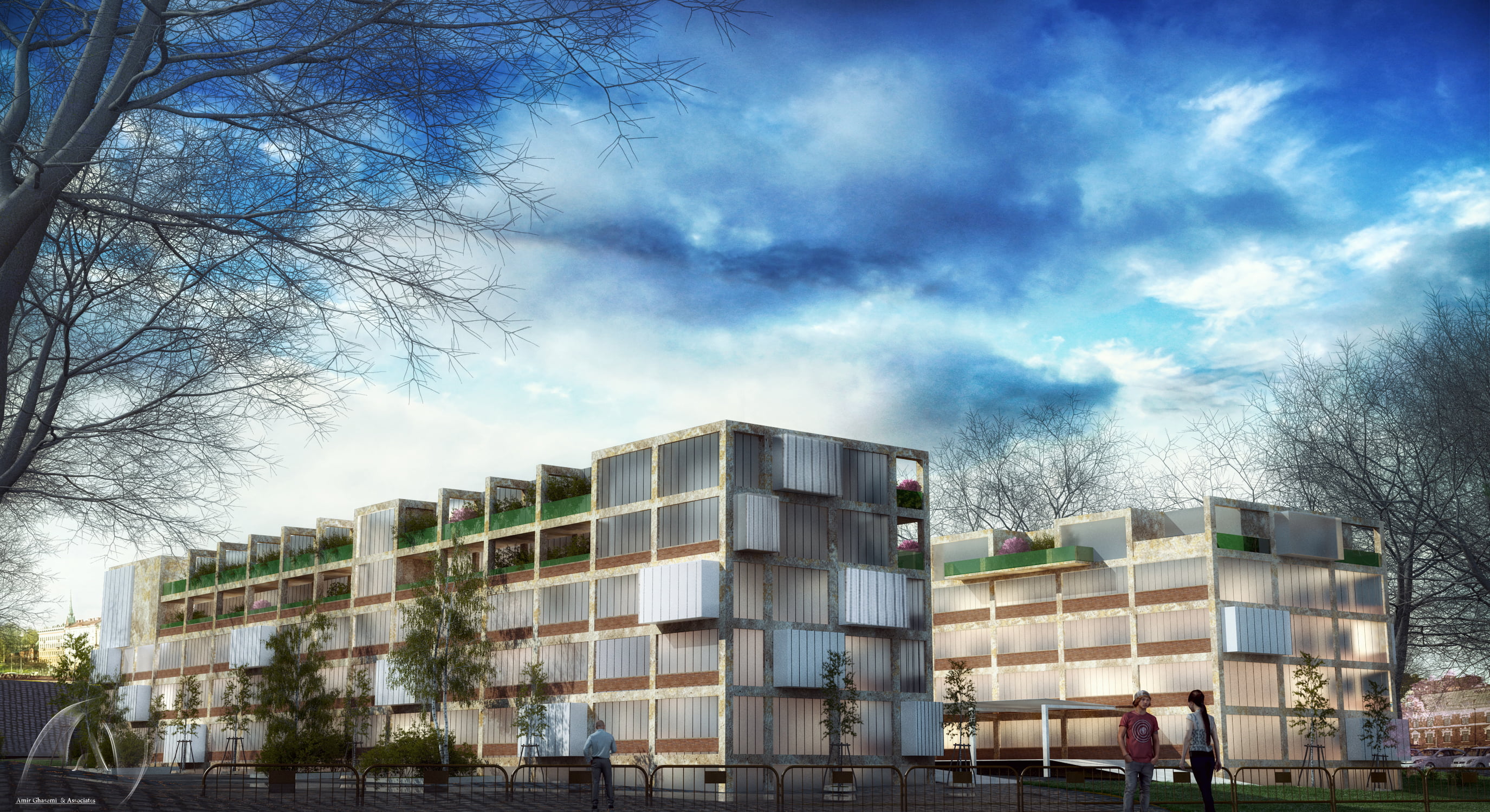building exterior, bare tree, industry, outdoors, business, tree, nature, modern, plant, day, architecture, city, rendering, cloud - sky, built structure, HD Wallpaper