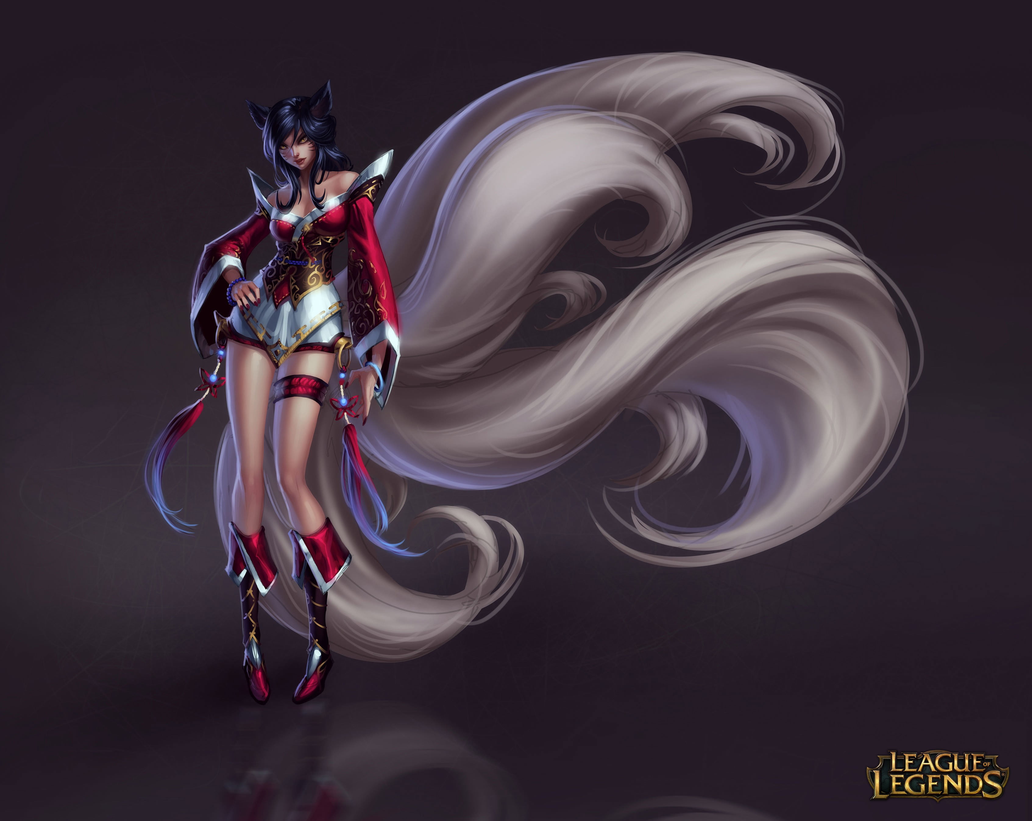 League of Legends, digital composite, tail, nature, 2K, young adult, motion, studio shot, black background, clothing, pattern, adult, women, beauty, Ahri, HD Wallpaper