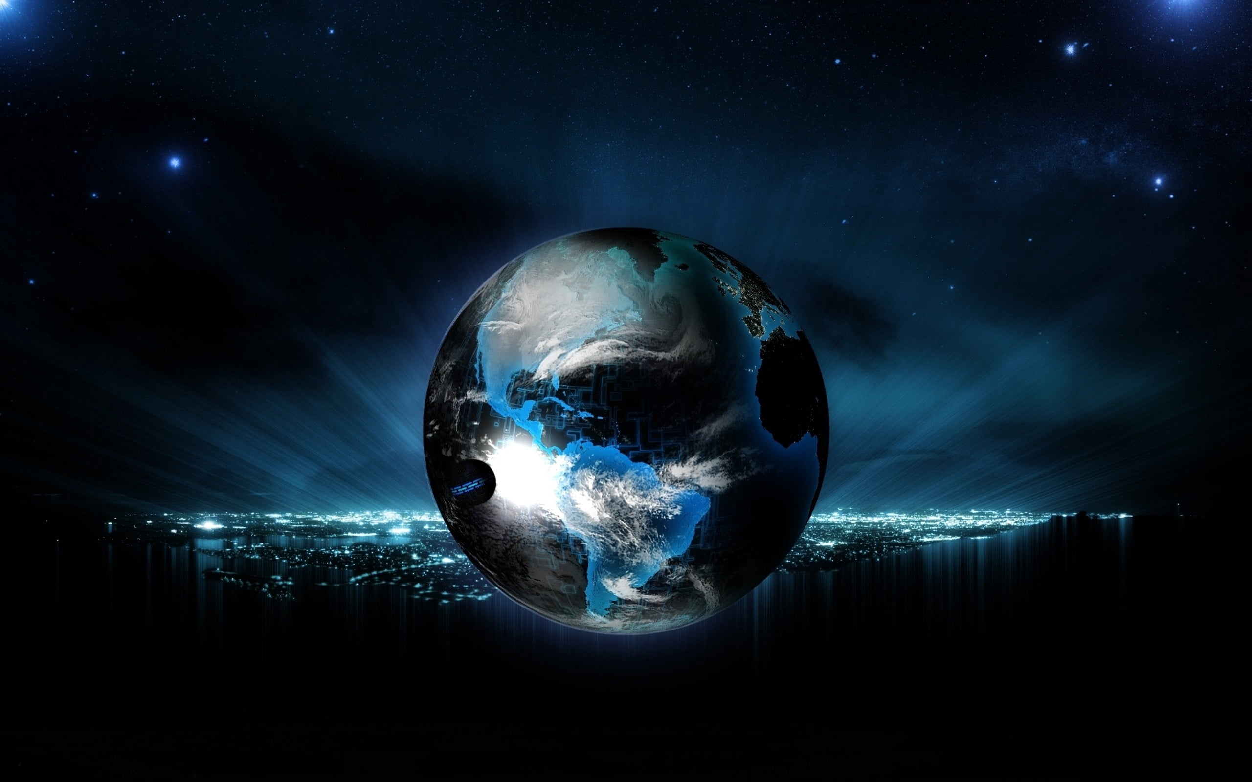 no people, blue, space, lighting equipment, sky, earth, neon, science, light - Natural Phenomenon, global, background, astronomy, planet - Space, dark, HD Wallpaper