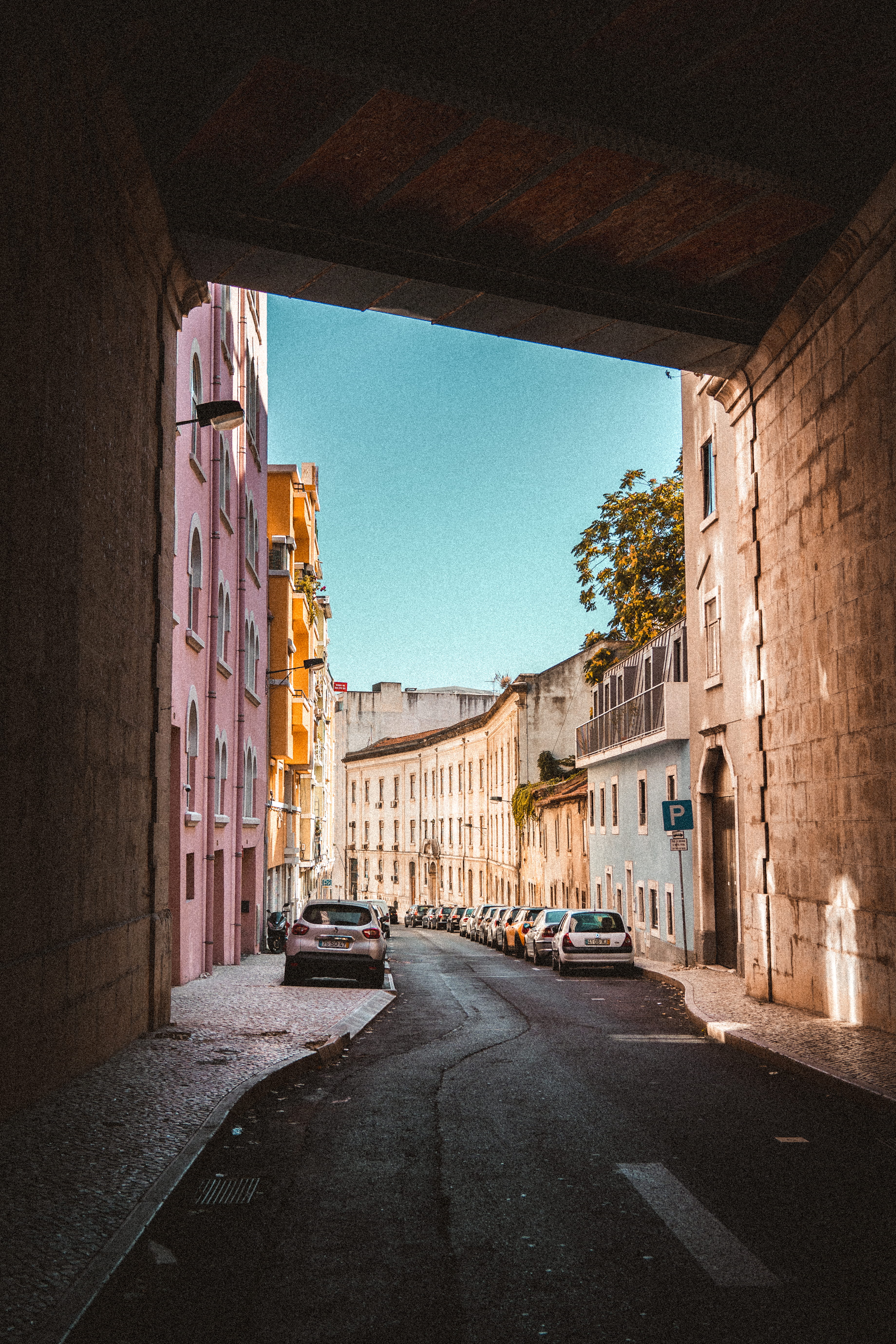 land vehicle, architecture, mode of transportation, lisboa, transportation, sky, tunel, 5K, clear sky, direction, no people, street, nature, motor vehicle, Phone HD Wallpaper