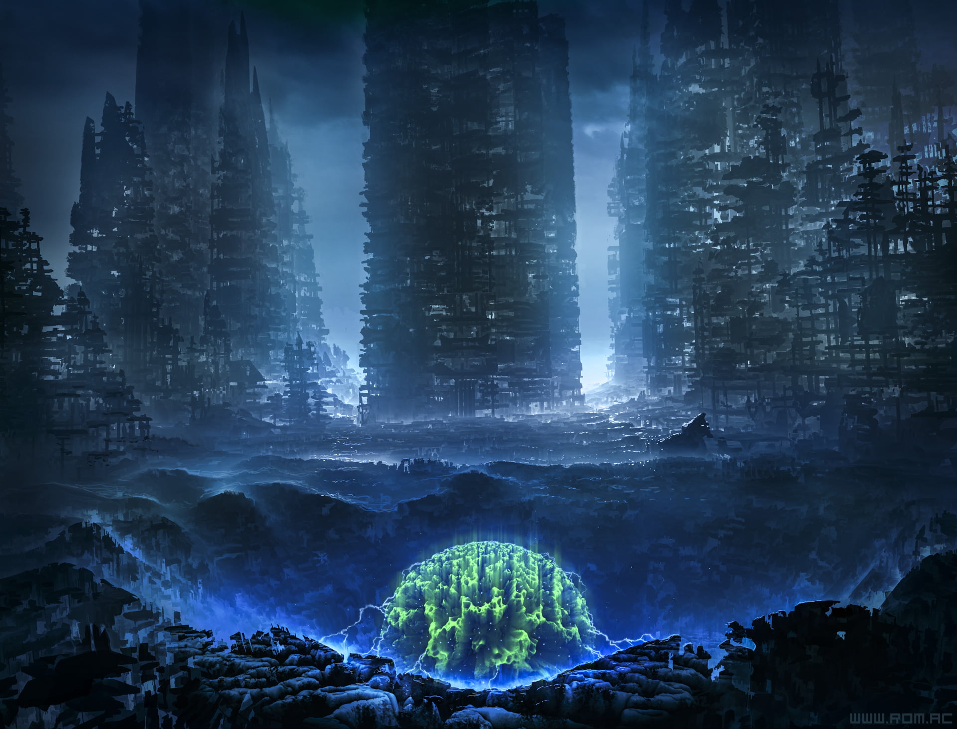 city, blue, electricity, science fiction, Romantically Apocalyptic, ruins, orb, green, 1080P, glowing, crater, HD Wallpaper