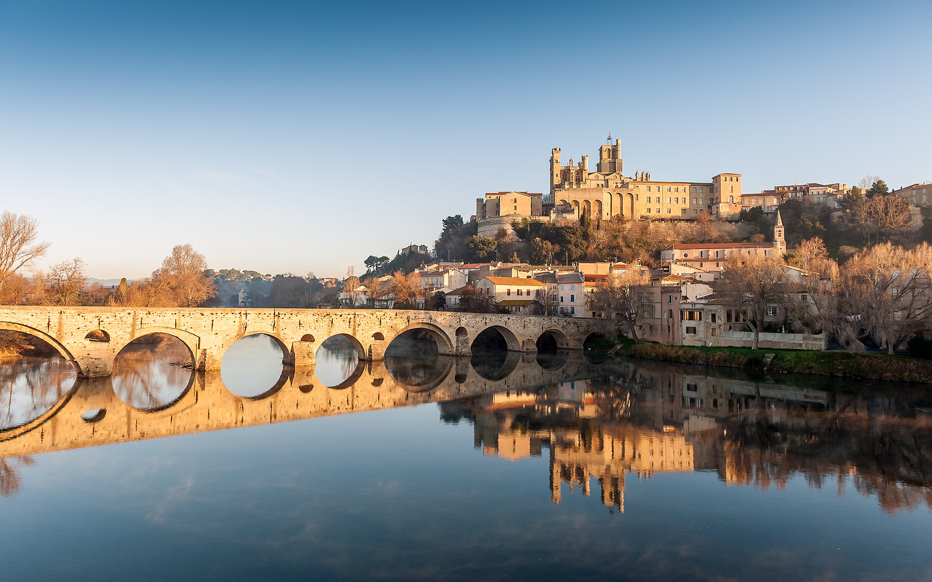 sous, buildings, vieux, rivers, l 039 orb, passant, cities, beziers, 1080P, pont, bridges, HD Wallpaper