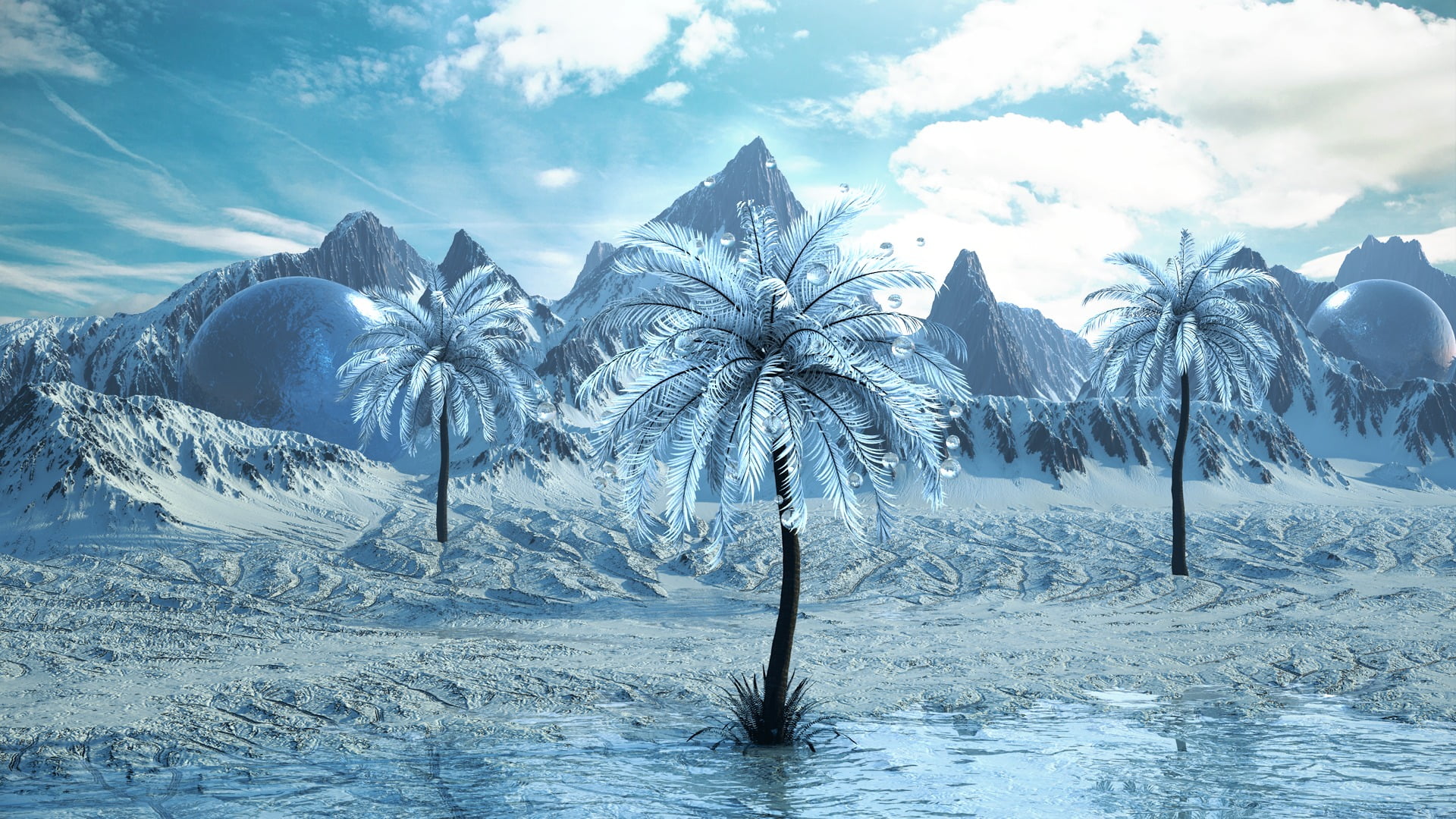 water, nature, winter, no people, cold temperature, frost, tranquil scene, sky, tranquility, plant, environment, beauty in nature, cloud - sky, cyan, Cinema 4D, HD Wallpaper