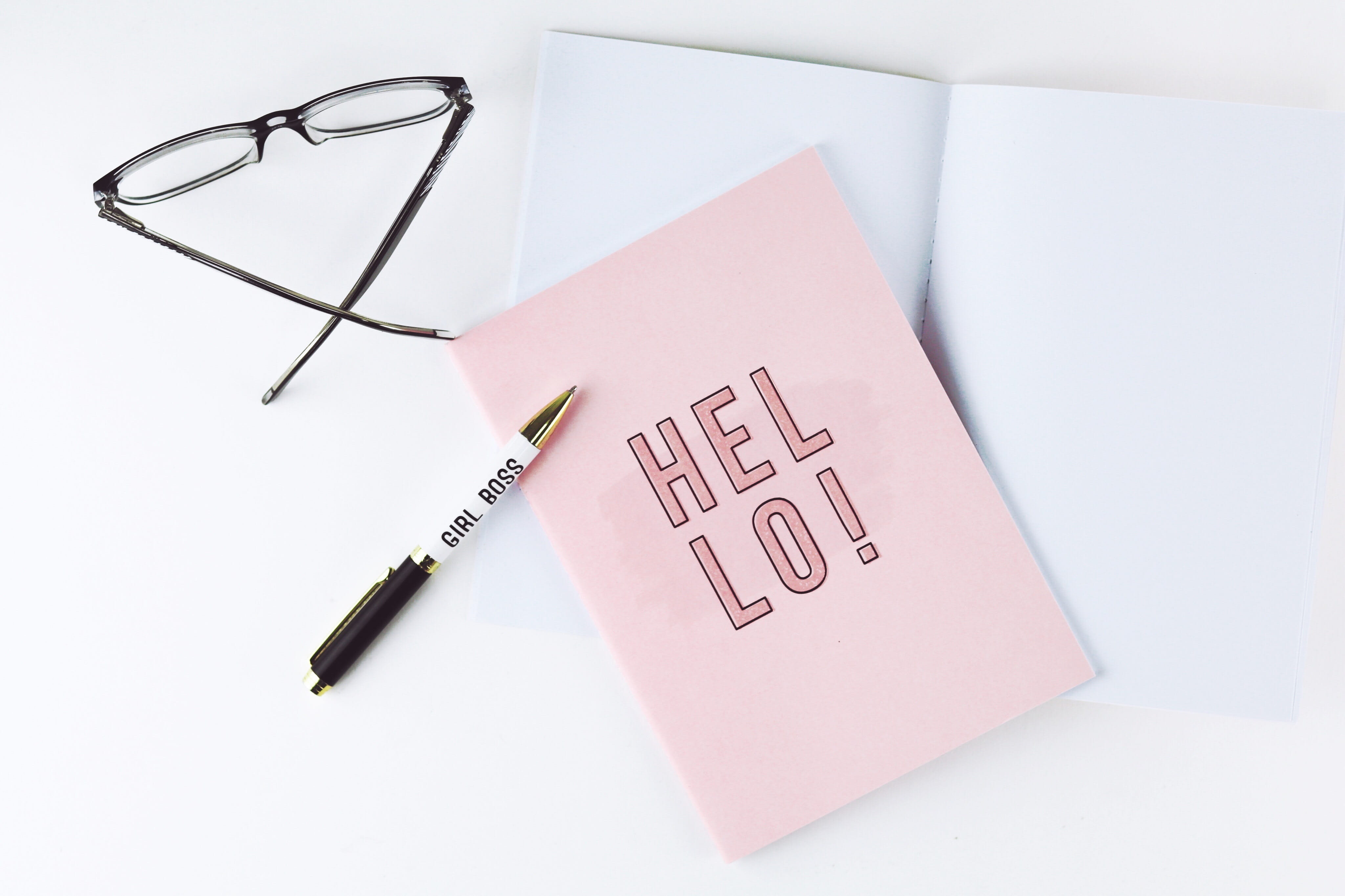 business, glasses, 4K, no people, girl boss, hello, western script, indoors, message, letter, paper, pen, communication, white background, text, close-up, HD Wallpaper