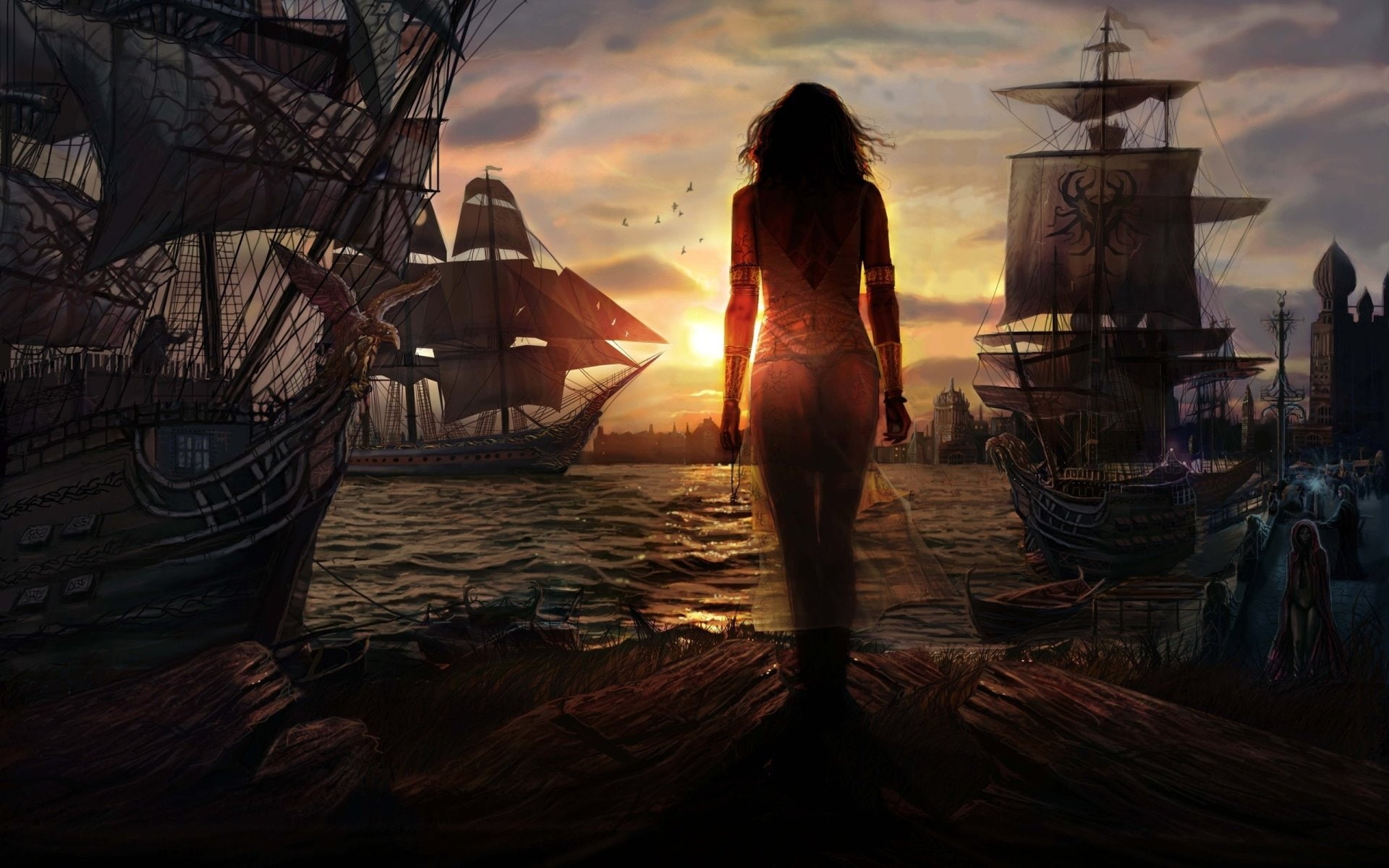near, water, ships, body, surrounded, 1080P, standing, illustration, woman, Women, Fantasy, HD Wallpaper