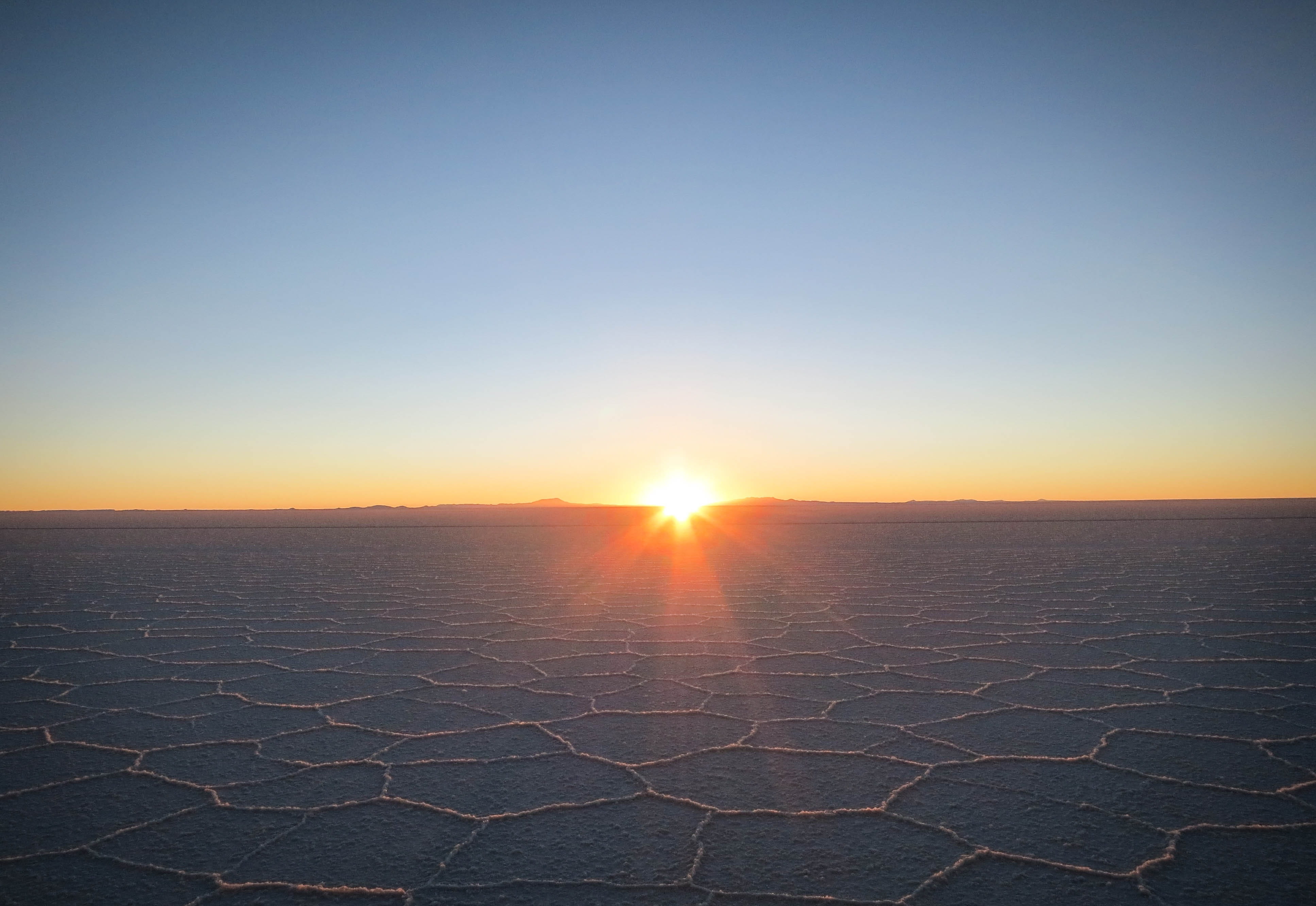 idyllic, hot, lens flare, sun, desert, salt, arid climate, bright, sunset, clear sky, chile, uyuni salt flats, horizon over land, landscape, nature, salt flat, HD Wallpaper