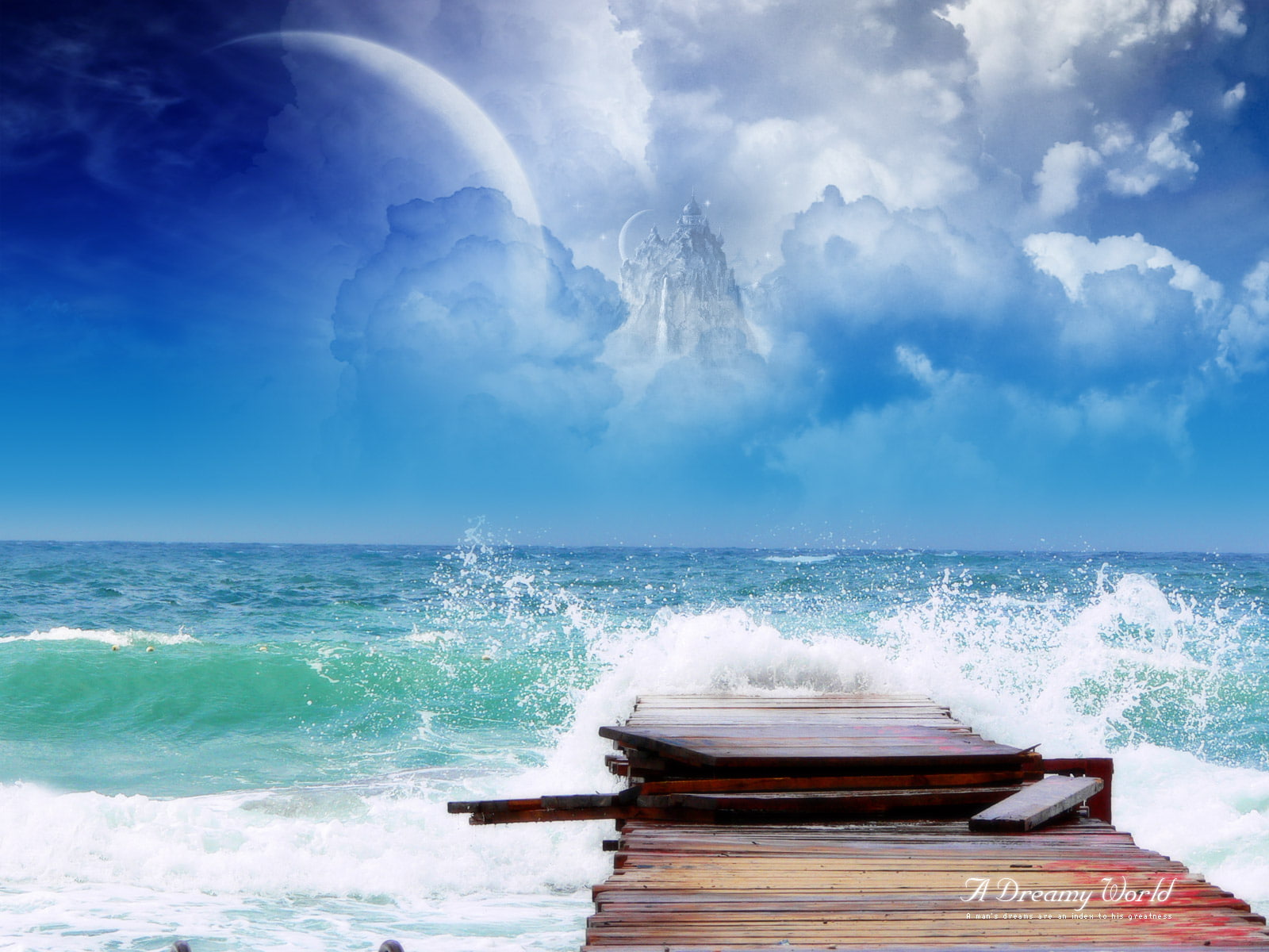 720P, wooden, dock, sea, brown, fantasy, dreamy, world, hd, HD Wallpaper