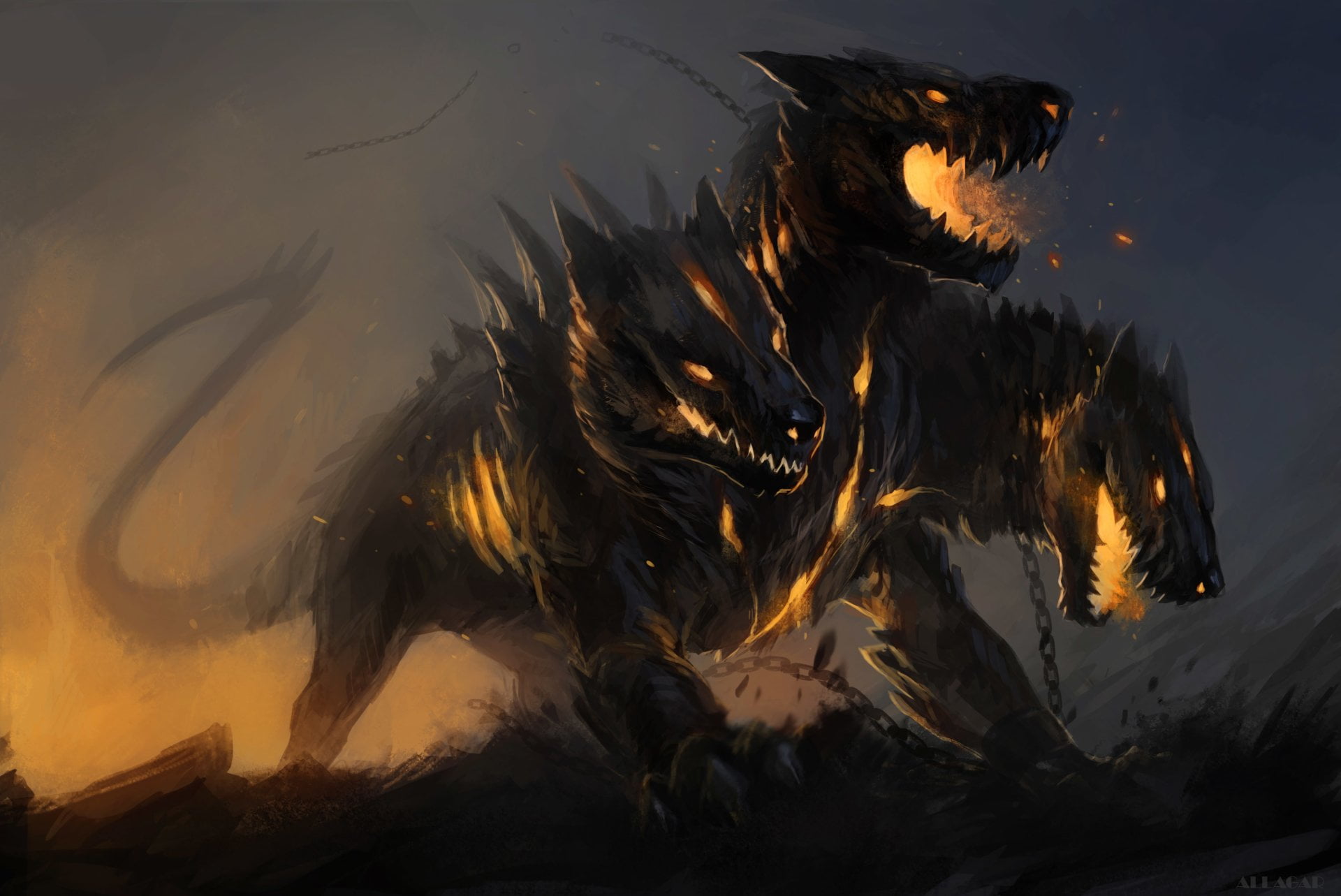 outdoors, day, Cerberus, Animal, swimming, lake, Fantasy Animals, Dark, Creature, no people, flame, vertebrate, 1080P, sunset, fire, nature, burning, motion, HD Wallpaper