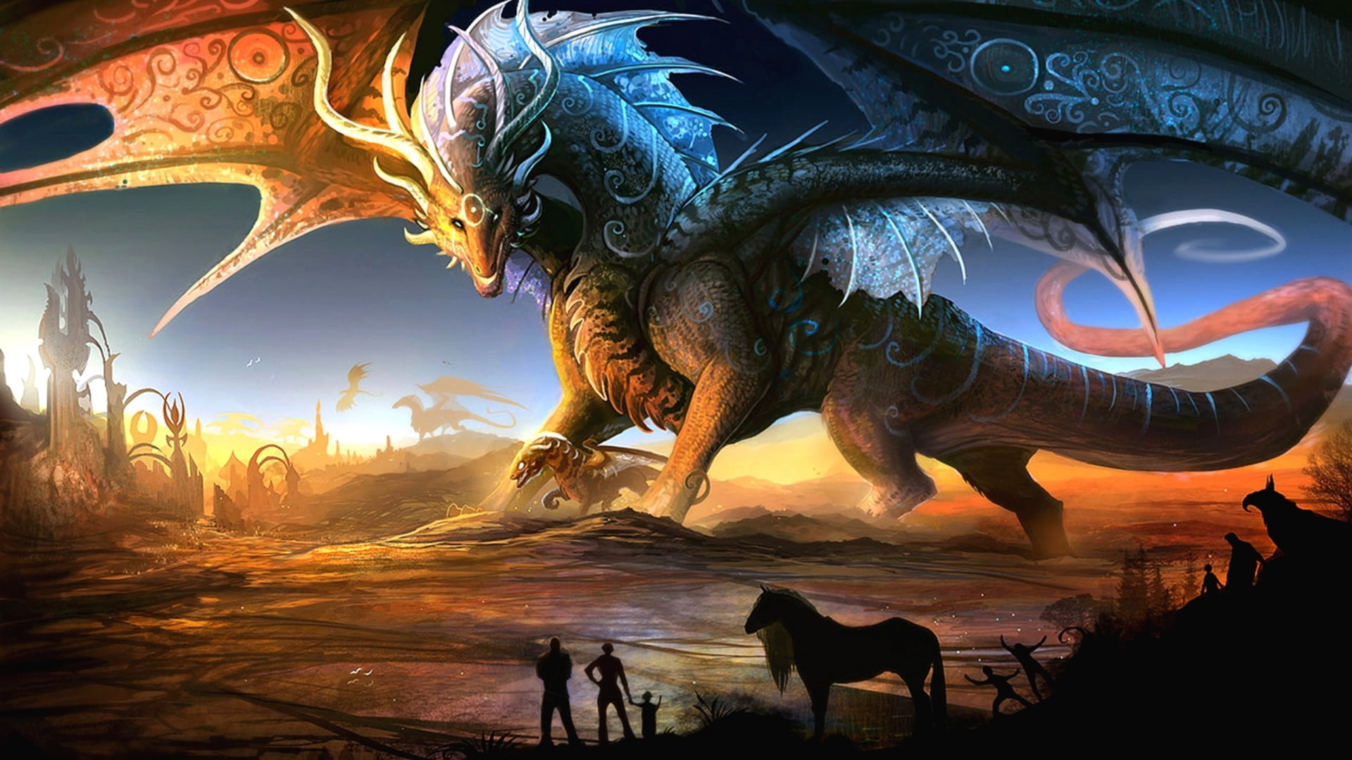 statue, art and craft, aquarium, craft, water, no people, sunset, dragon, elephant, nature, 1080P, triceratops, outdoors, fantasy, sky, sunlight, representation, HD Wallpaper