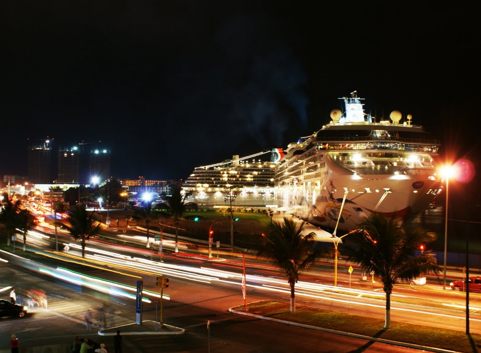 city life, street light, nature, asphalt, cruise ship, Mexico, Lights, puerto, Resort, sky, built structure, light trail, Night, architecture, street, no people, HD Wallpaper