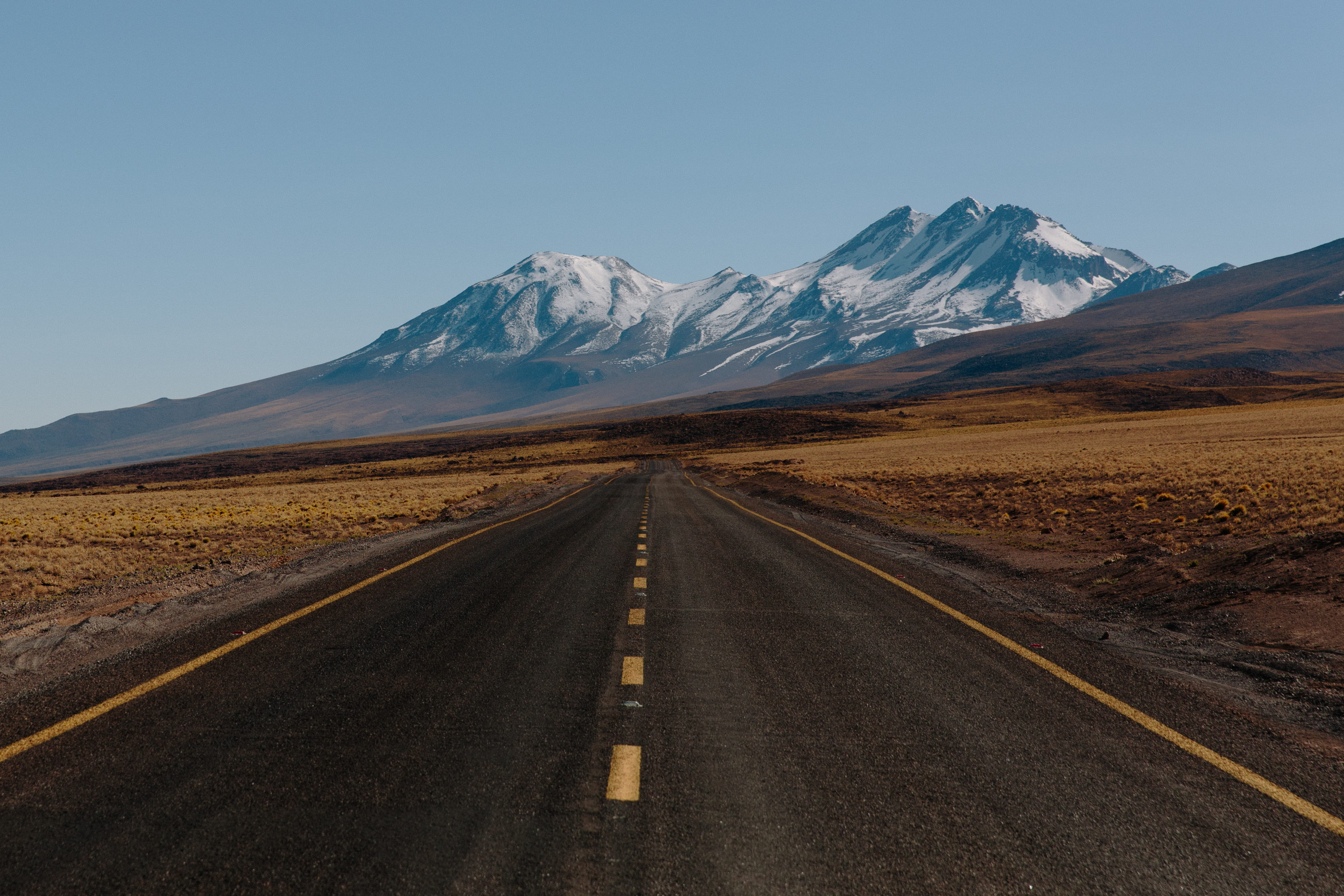 asphalt, san pedro de atacama, outdoors, desert, scenics - nature, beauty in nature, no people, snowcapped mountain, open road, 4K, chile, highway, environment, HD Wallpaper