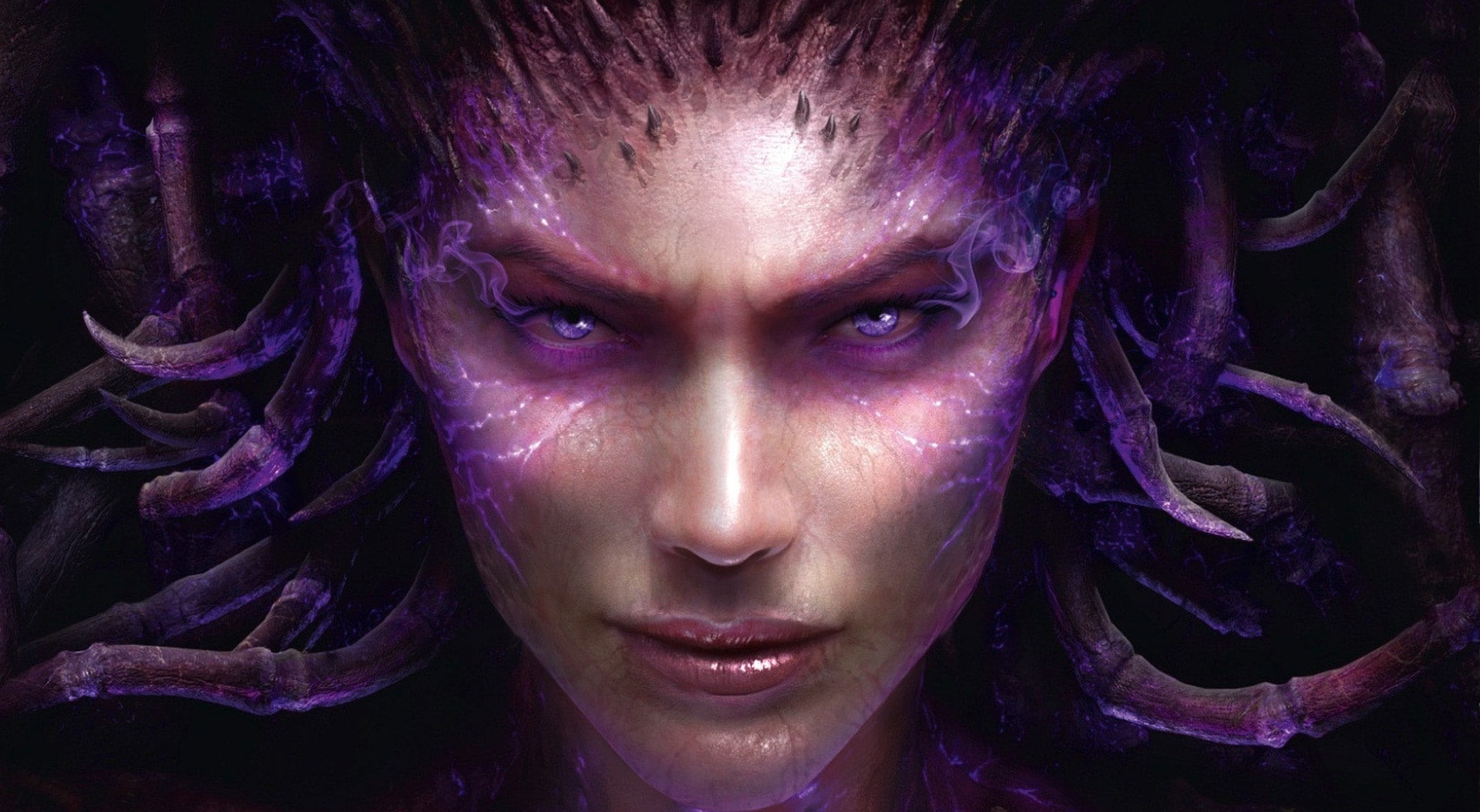 human face, 1080P, purple, hair, looking at camera, ii, dark, studio shot, women, black background, one person, emotion, Games, hairstyle, heart, adult, HD Wallpaper