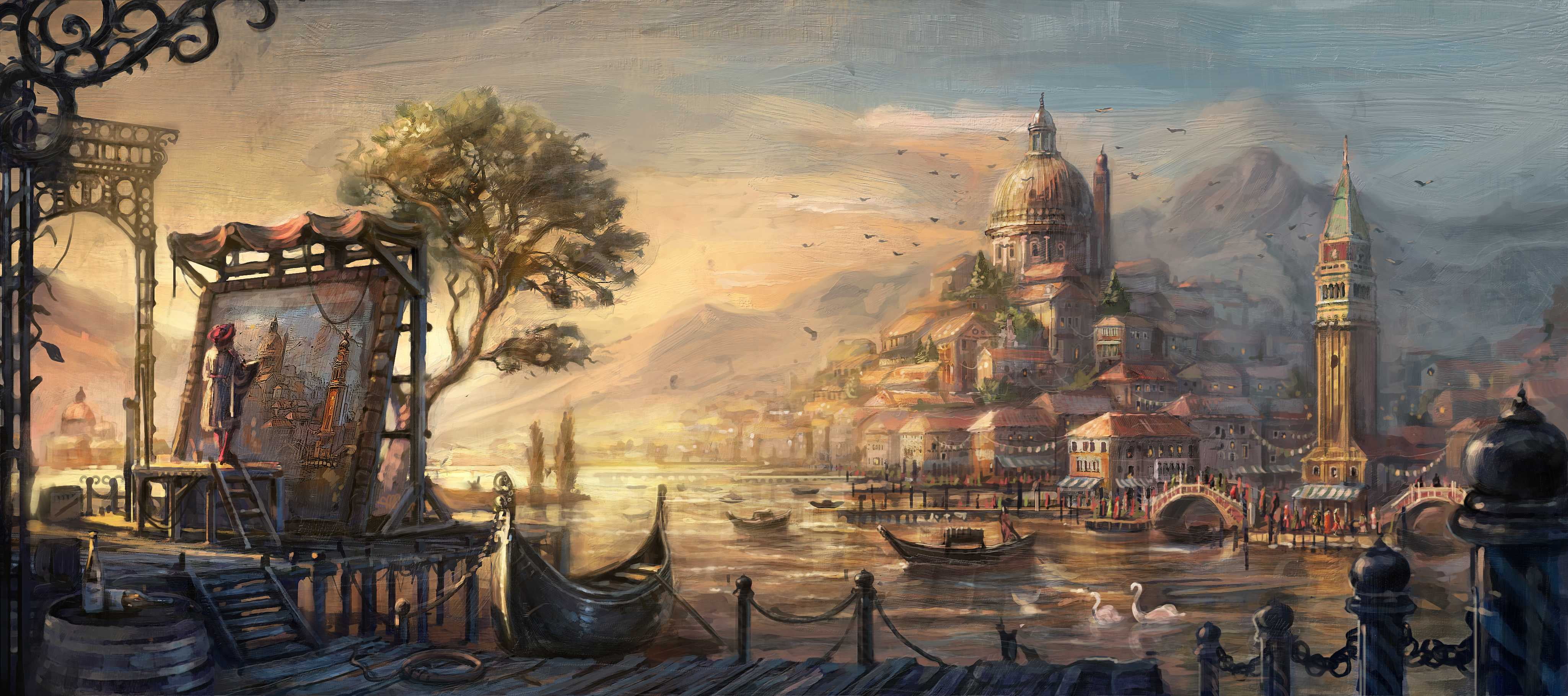 creativity, lowres, craft, nature, building, building exterior, incidental people, travel destinations, 4K, anno 1404, venetian, boats, city, outdoors, HD Wallpaper