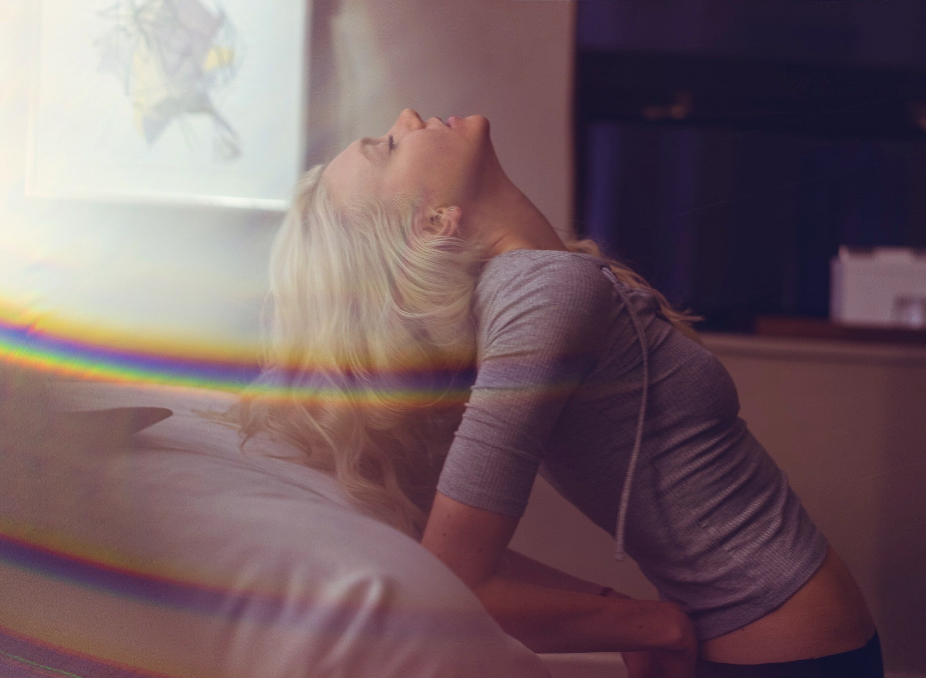 home interior, relaxation, model, casual clothing, blond hair, hair, young adult, domestic room, real people, women, teenager, closed eyes, rainbows, 720P, HD Wallpaper