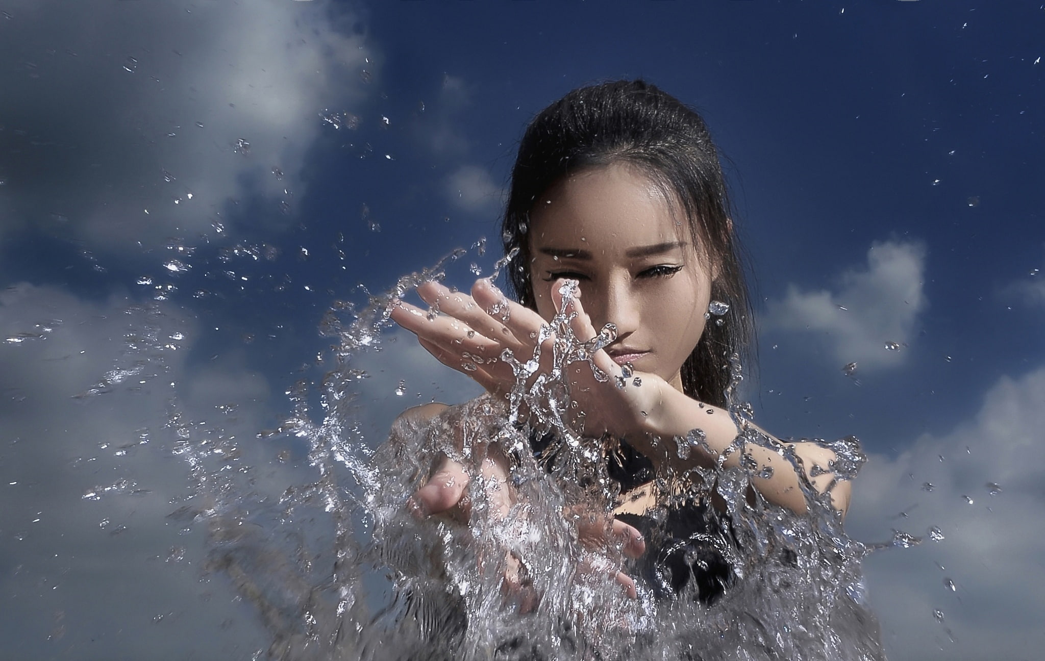 the sky, squirt, water, 1080P, girl, Asian, HD Wallpaper