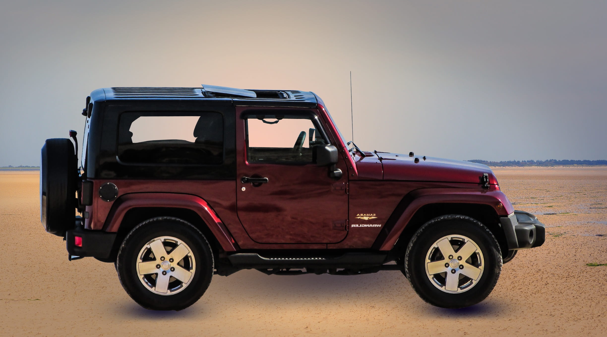 sky, no people, mode of transportation, jeep, maroon, transportation, pick-up truck, land, wrangler, copy space, photoshop, nature, suv, off-road vehicle, HD Wallpaper
