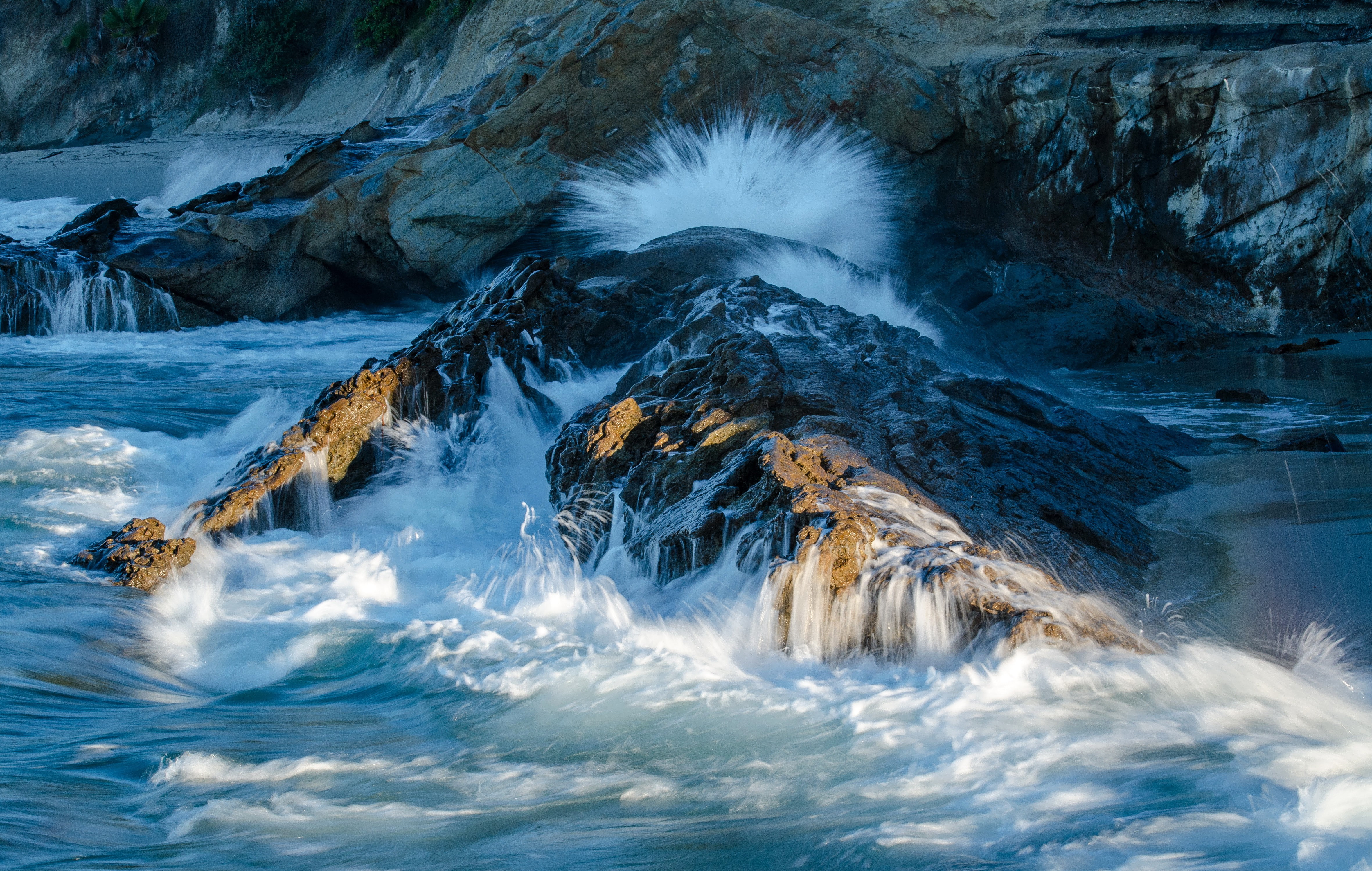 stones, squirt, 4K, foam, CA, rocks, sea, shore, USA, surf, shoire, HD Wallpaper