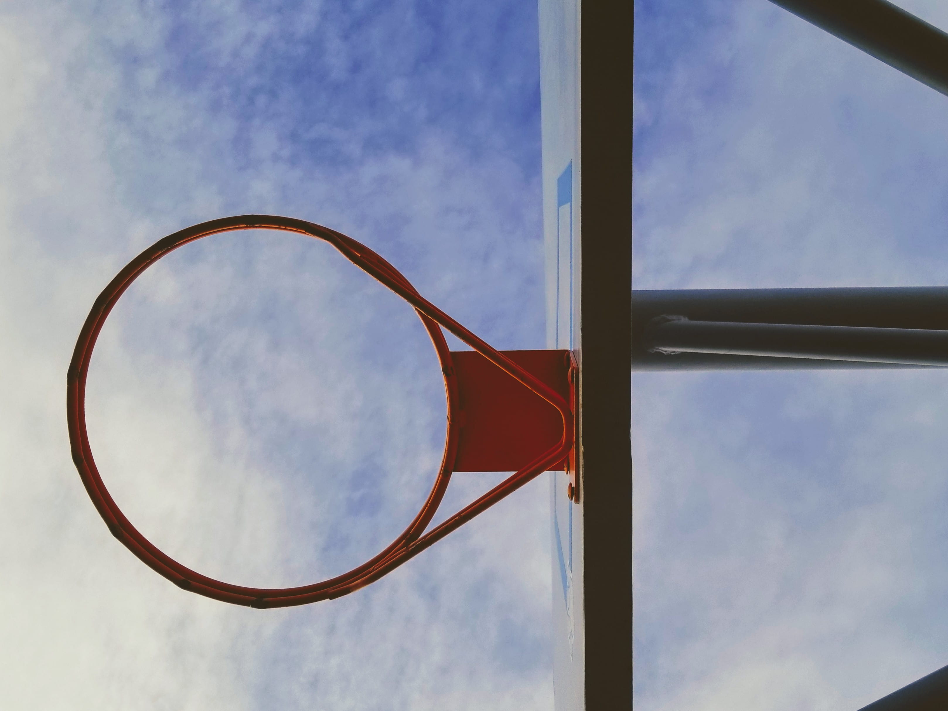 metal, day, shape, basketball hoop, cloud, blue, architecture, 2K, white, pole, low, orange, nature, basketball - sport, game, photography, hoop, steel, HD Wallpaper