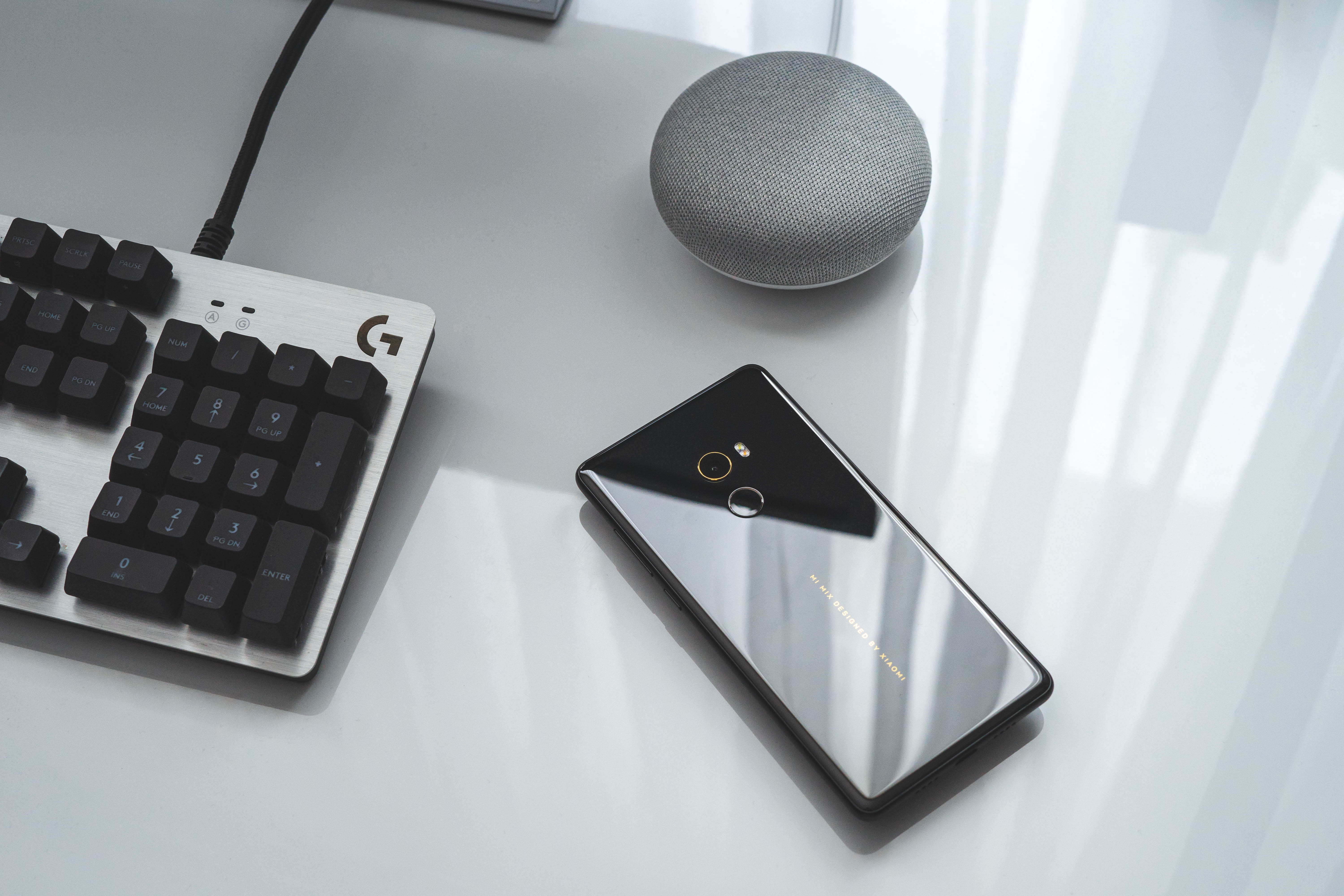 bright, table, technology, still life, phone, calculator, equipment, computer equipment, reflection, business finance and industry, 5K, tech, xiaomi, number, HD Wallpaper