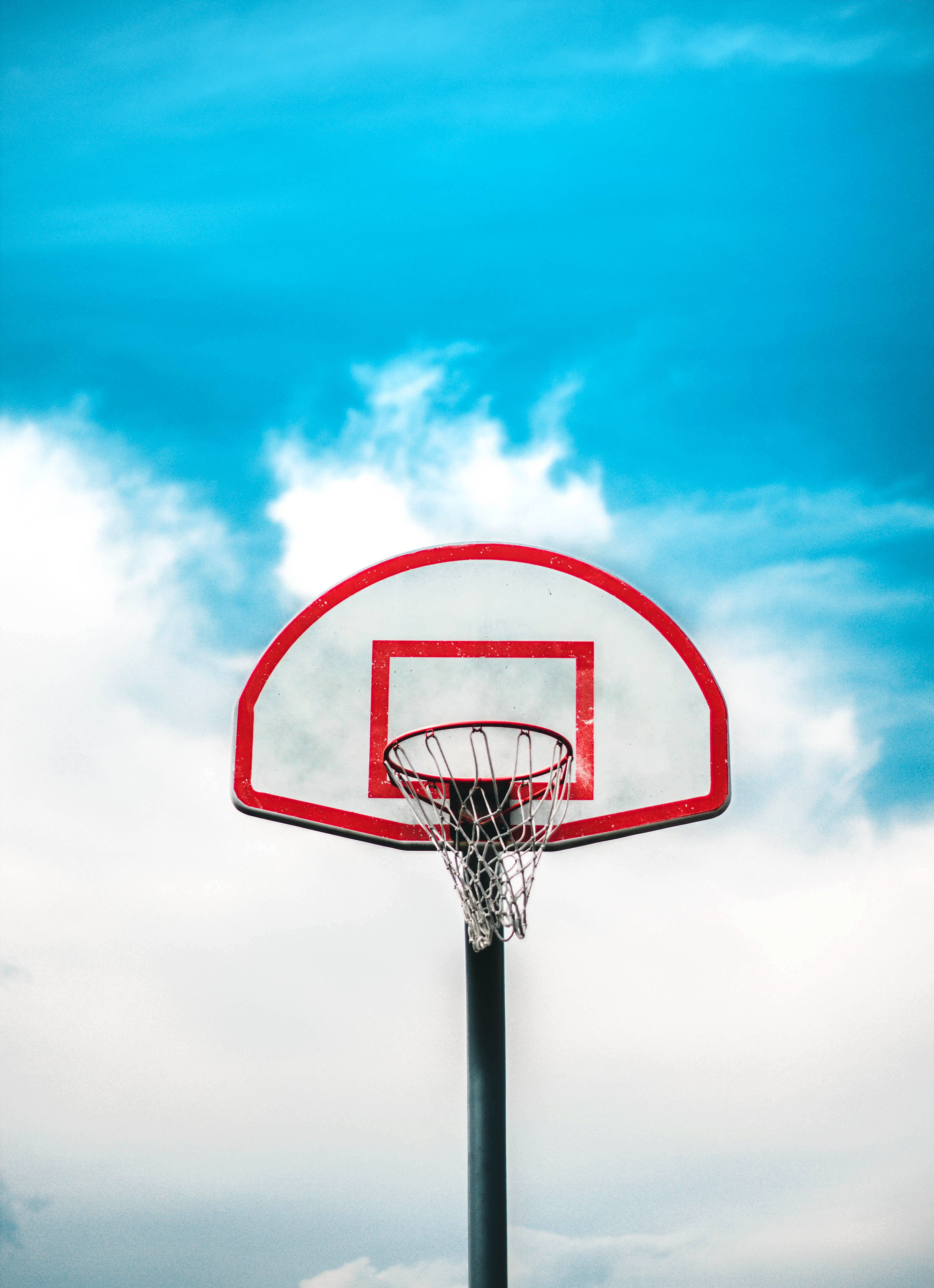 sky, blue, nature, net, day, red, geometric shape, shape, sports equipment, basketball ring, 4K, net - sports equipment, no people, cloud - sky, low angle view, Phone HD Wallpaper