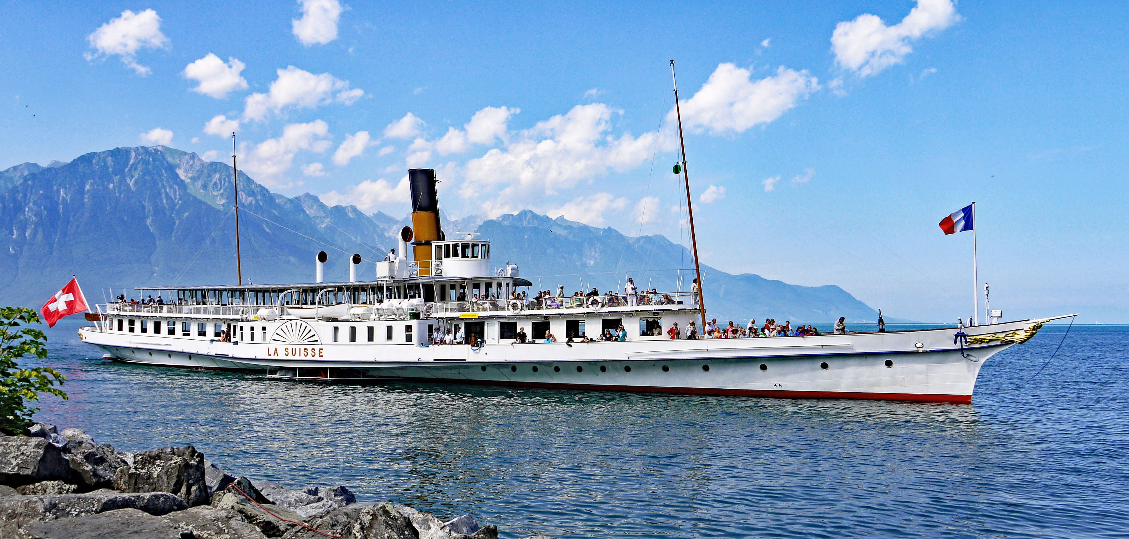 cruise ship, outdoors, passenger craft, landscape, luxury, switzerland, mountains, paddle steamer, day, steamer, built structure, nautical vessel, mode of transportation, HD Wallpaper