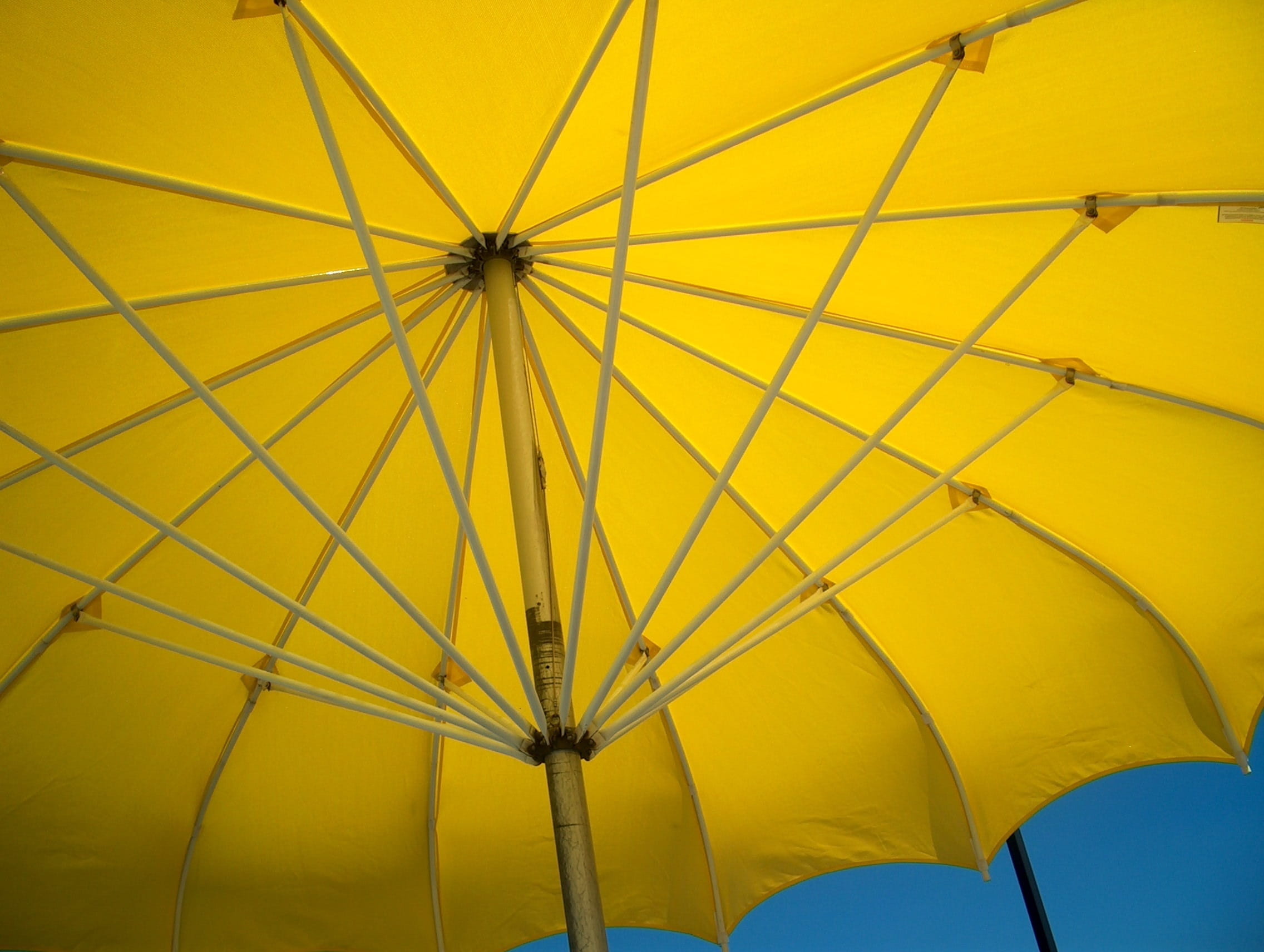 style, security, Open, yellow umbrella, patio, rain, summer, Yellow, 1080P, day, protection, blue, weather, safety, ceiling, bright, sunshade, colorful, HD Wallpaper