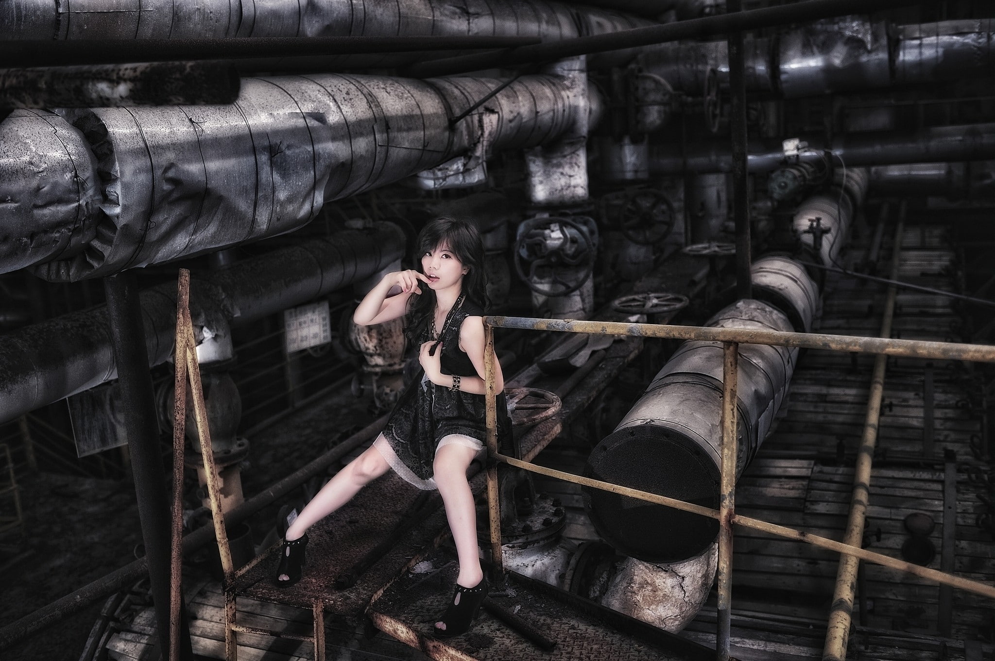 black hair, one person, dark hair, lifestyles, high heels, metal, abandoned, women, finger on lips, indoors, industrial, young adult, factory, wall - building feature, HD Wallpaper