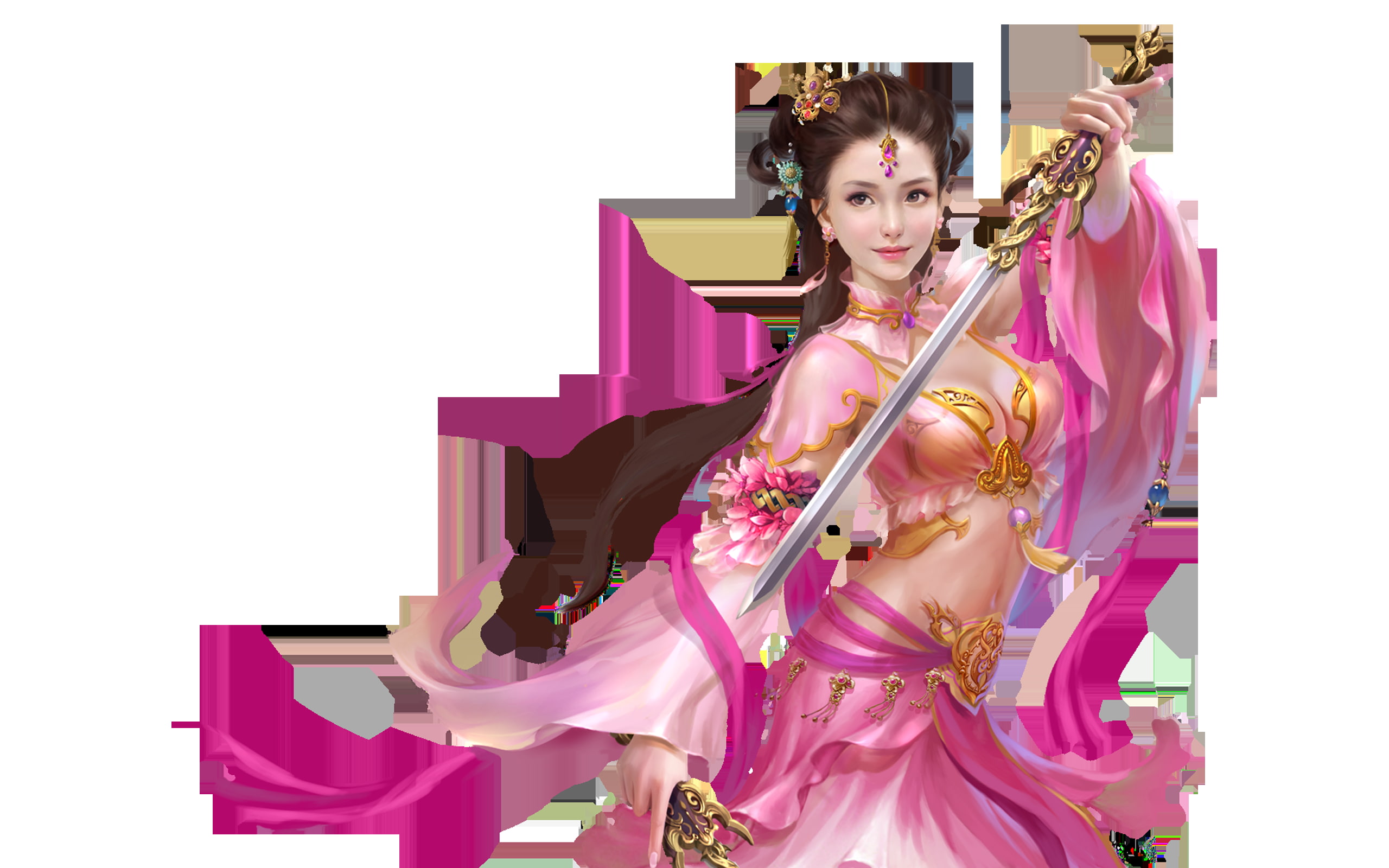 clothes, hand, girl, desktop, beautiful, oriental, sword, 2K, pink, fantasy, jewelry, art, asia, silk, HD Wallpaper