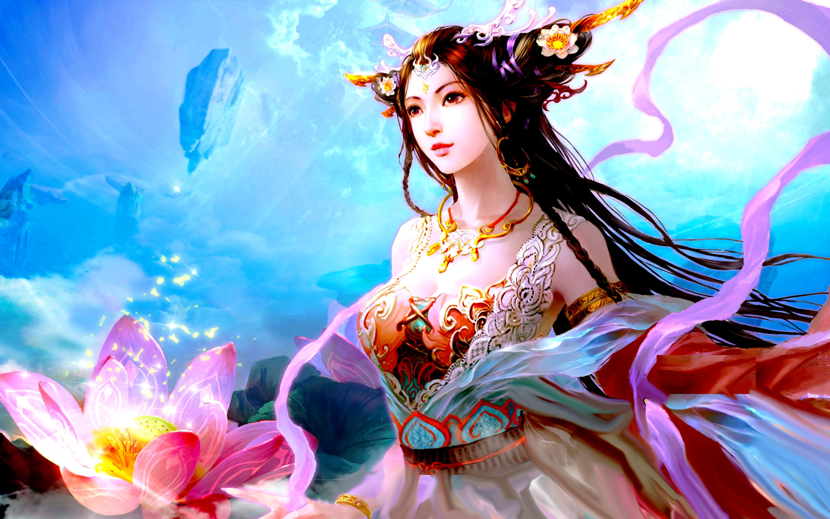 beautiful, lotus, hair, fantasy, girl, asian, colored, silk, dress, pink, color, art, 2K, hd, black, HD Wallpaper