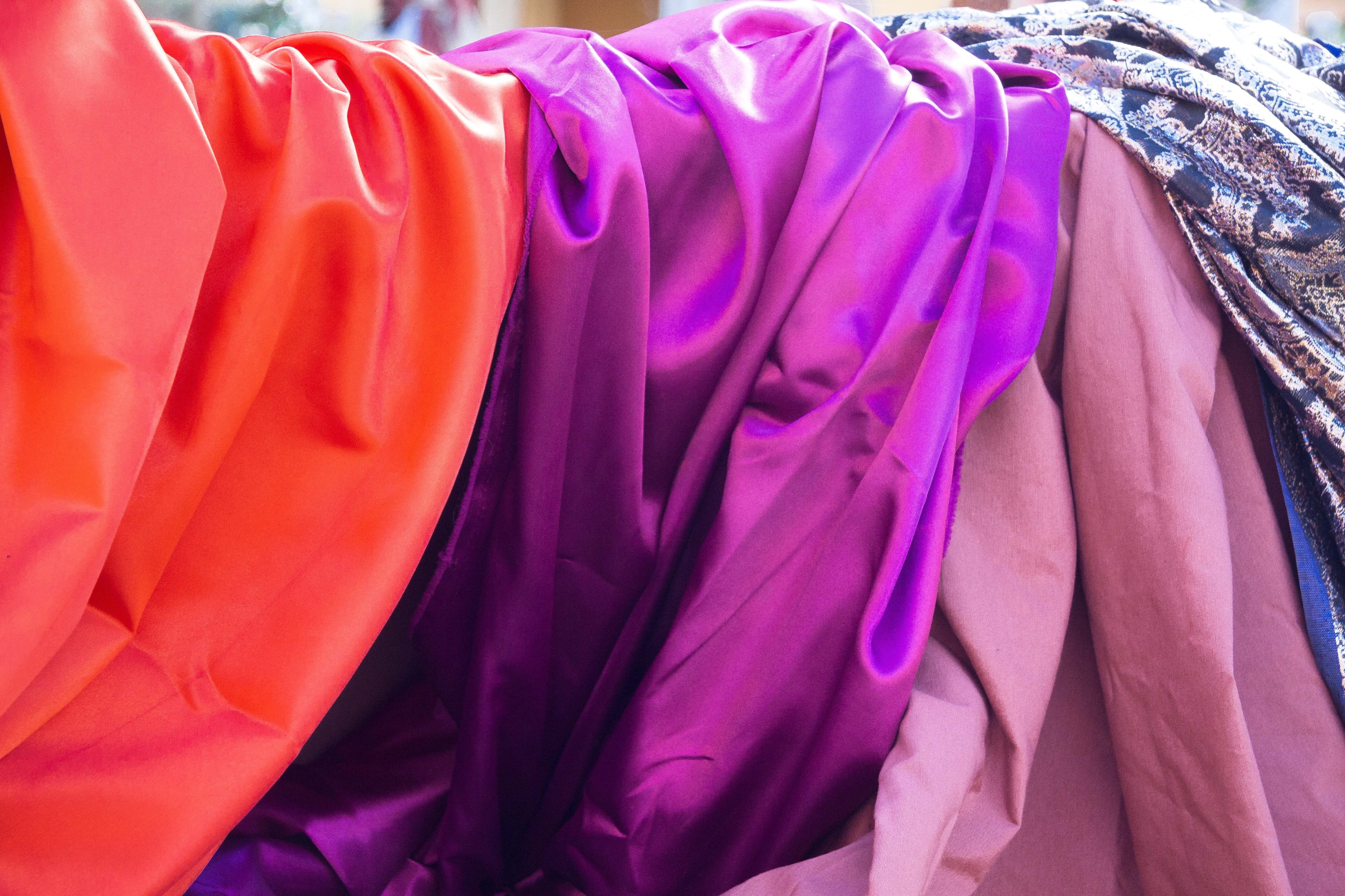 textile, still life, orange, retail, violet, full frame, softness, noble, backgrounds, material, pink, silk, towels, hanging, store, 4K, fashion, variation, HD Wallpaper